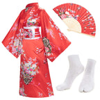 Japanese Anime Women's Kimono Robe Geisha Yukata Sweet Dress Blossom Satin Bathrobe Sleepwear Fans Tabi Socks Set