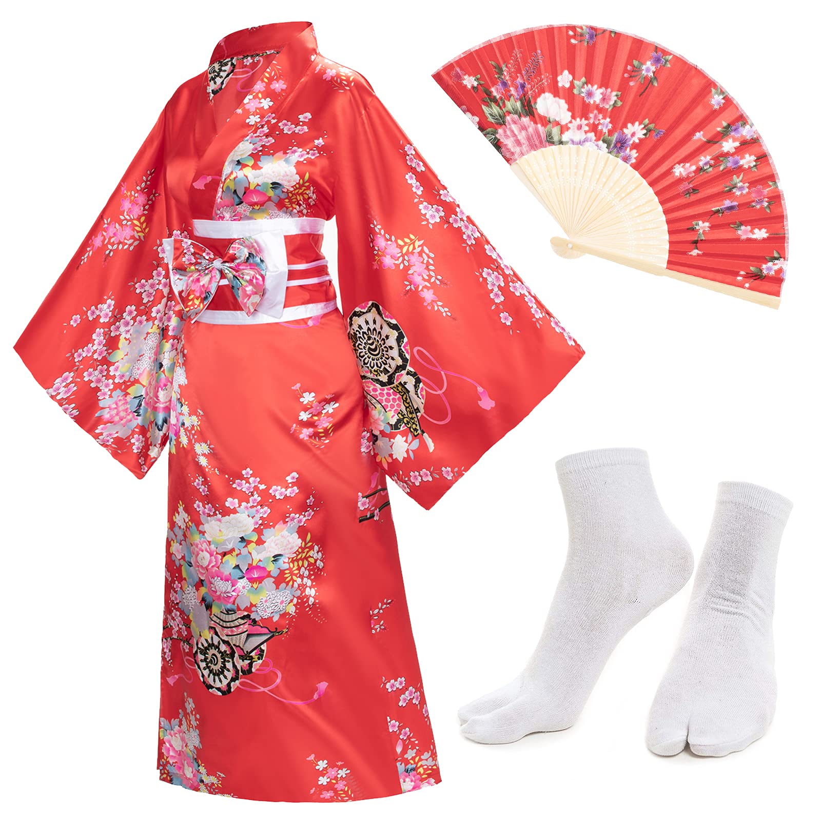 Japanese Anime Women's Kimono Robe Geisha Yukata Sweet Dress Blossom Satin Bathrobe Sleepwear Fans Tabi Socks Set