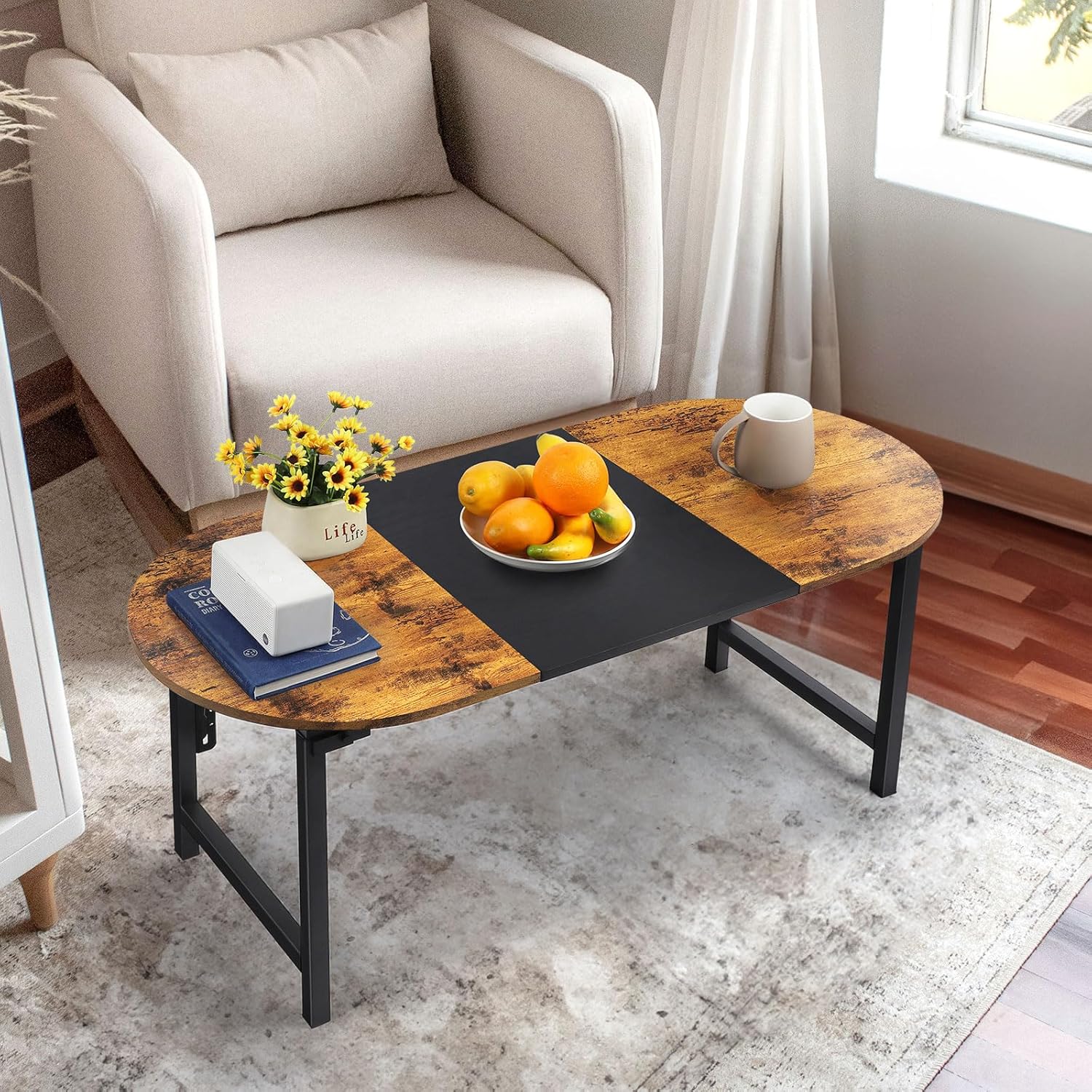 Shinoske Folding Coffee Tables for Small Spaces,35.4" Small Coffee Tables for Living Room,Dorm,Apartment,Space Saving,Rustic Oval Cocktail Tea Table,Easy to Fold,Brown and Black