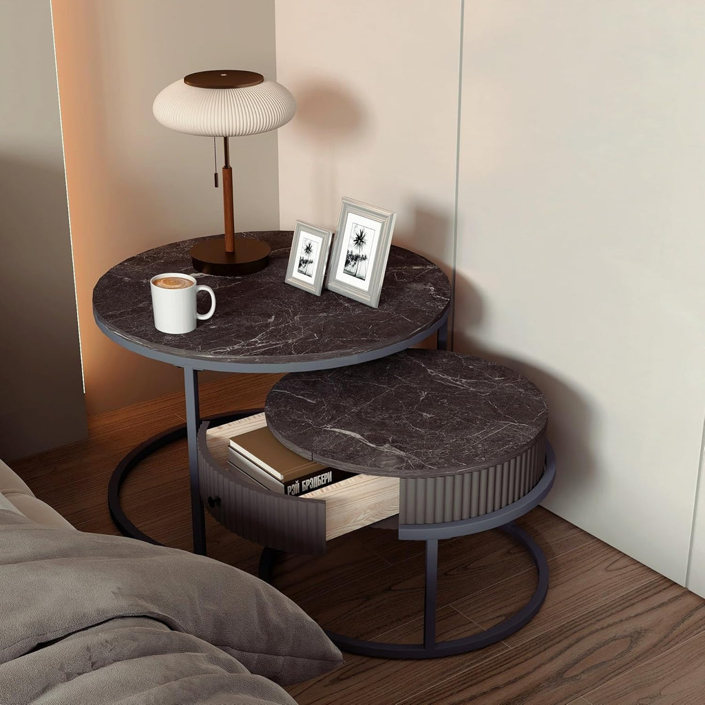Round Nesting Coffee Tables Set: Gray Marble End Tables Set of 2 - Modern Metal Stacking Side Tables for Living Room Small Spaces