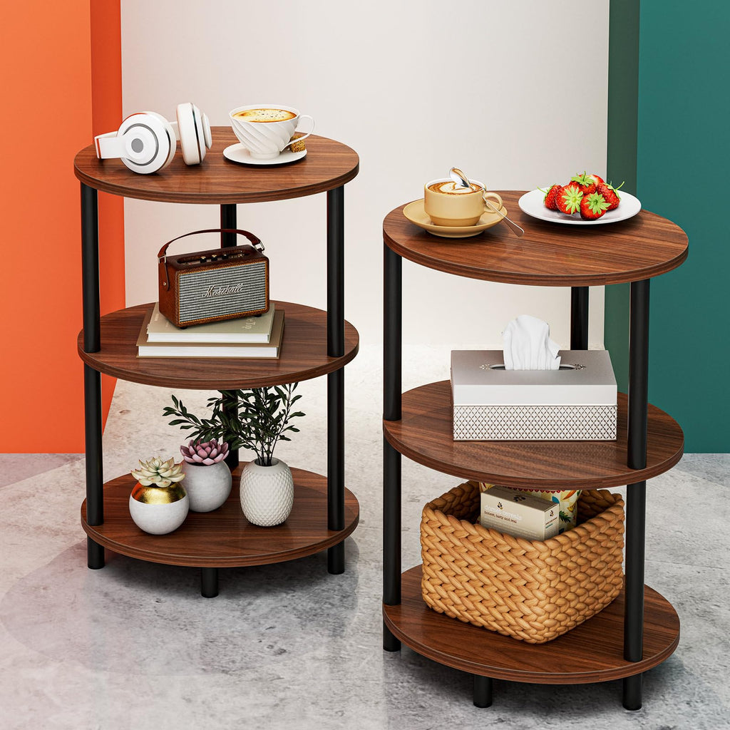 Small Round Side Table - 3-Tier Oval Accent Table for Small Spaces, Rustic Wood and Metal Couch End Table, Nightstand for Bedroom or End Table Living Room, Easy to Assemble, Rustic Brown
