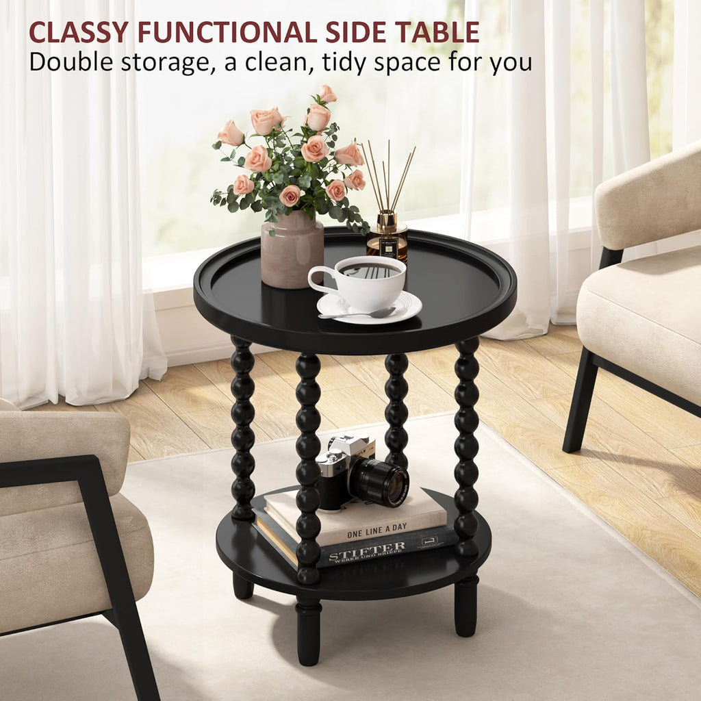 Gadroad Round End Table with Storage Shelf, 2 Tier Couch Side Table, Wood Coffee Table for Living Room, Bedroom, Black 19.3 * 19.3 * 25.6 inches