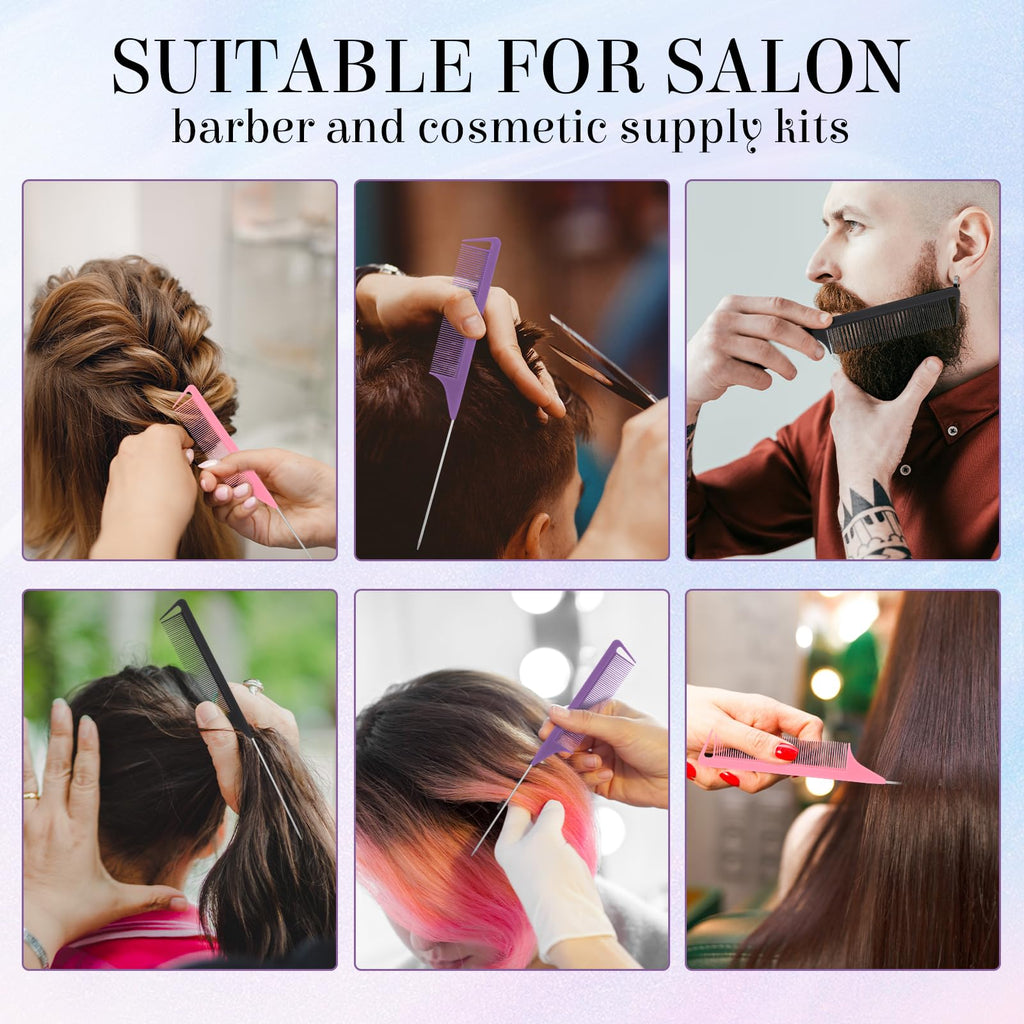 Uiifan 90 Pcs Hair Rat Tail Combs Metal Long Steel Pin Parting Comb Carbon Fiber Teasing Detangling Fine Tooth Comb for Braids Women Men Salon Hair Stylist, Black, Purple and Pink