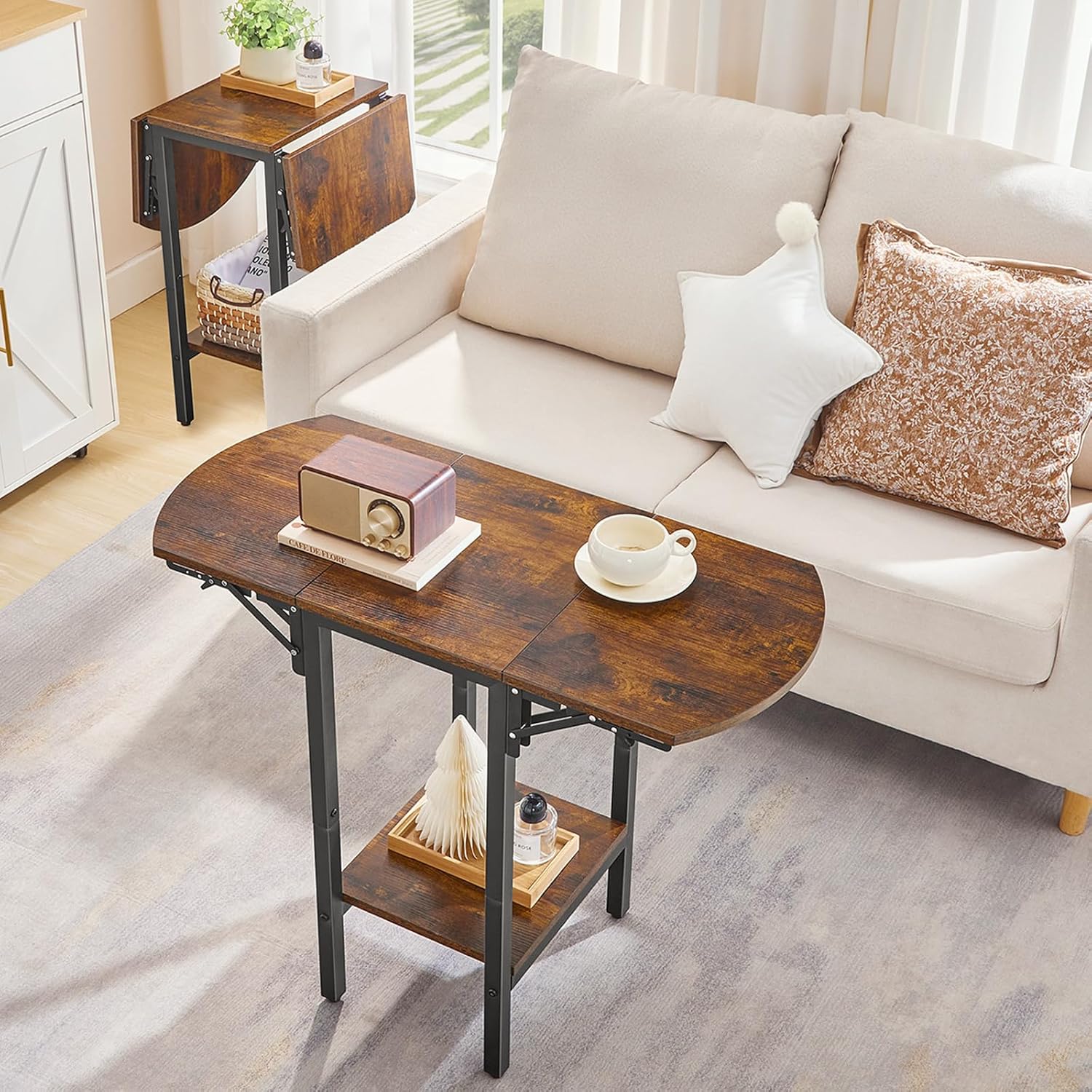 HOOBRO Folding Side Table, 2-Tier Sofa End Table with Expandable Desktop, Small Foldable Coffee Table, for Small Spaces, Living Room, Bedroom, Dorm, Apartment, Rustic Brown and Black BF172BZ01