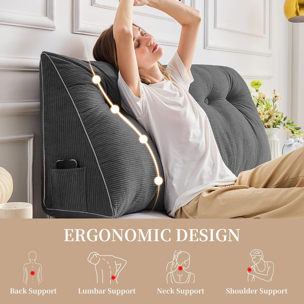Sasttie Headboard Pillow Queen, Triangular Wedge Pillow Headboard, Wedge Headboard Pillow for Bed Sofa, Daybed Pillows for Sitting up, Reading or Working with Removable Cover, Dark Grey