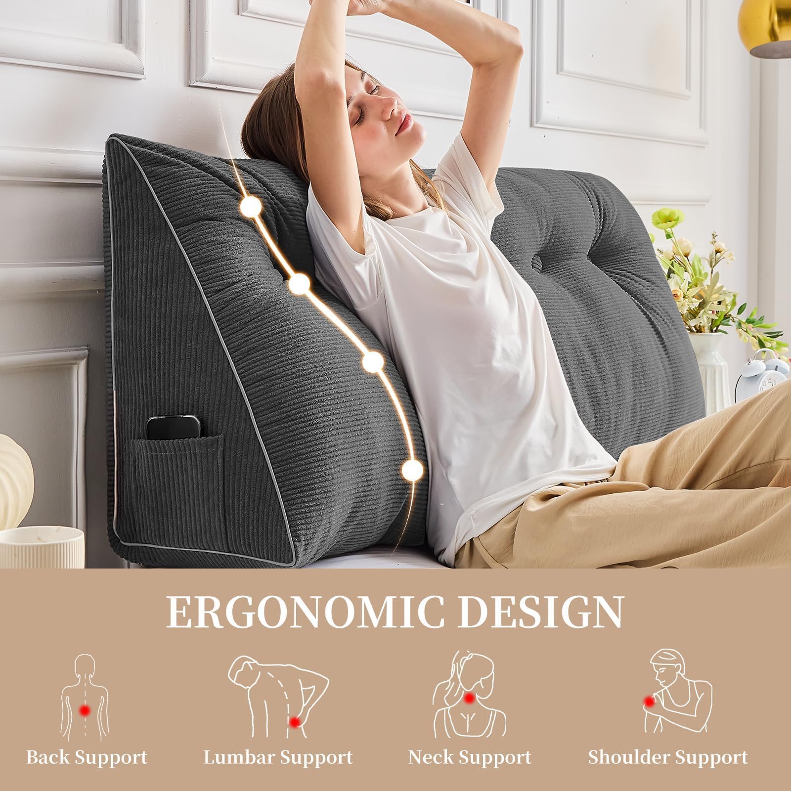 Sasttie Headboard Pillow Queen, Triangular Wedge Pillow Headboard, Wedge Headboard Pillow for Bed Sofa, Daybed Pillows for Sitting up, Reading or Working with Removable Cover, Dark Grey