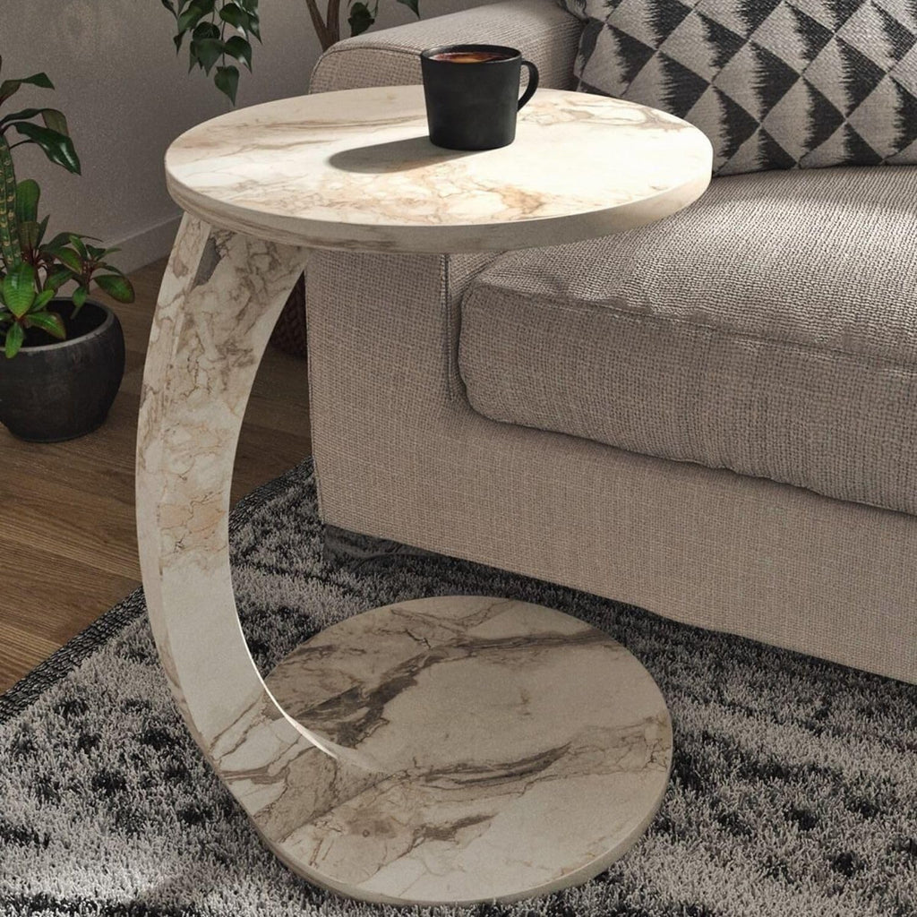 C Shaped End Table for Couch Small Places, Faux Marble White Space Saver Round Side Table for Sofa and Bedside with Wheels, Coffee and Snack Time Tray for Living Room (White Marble)