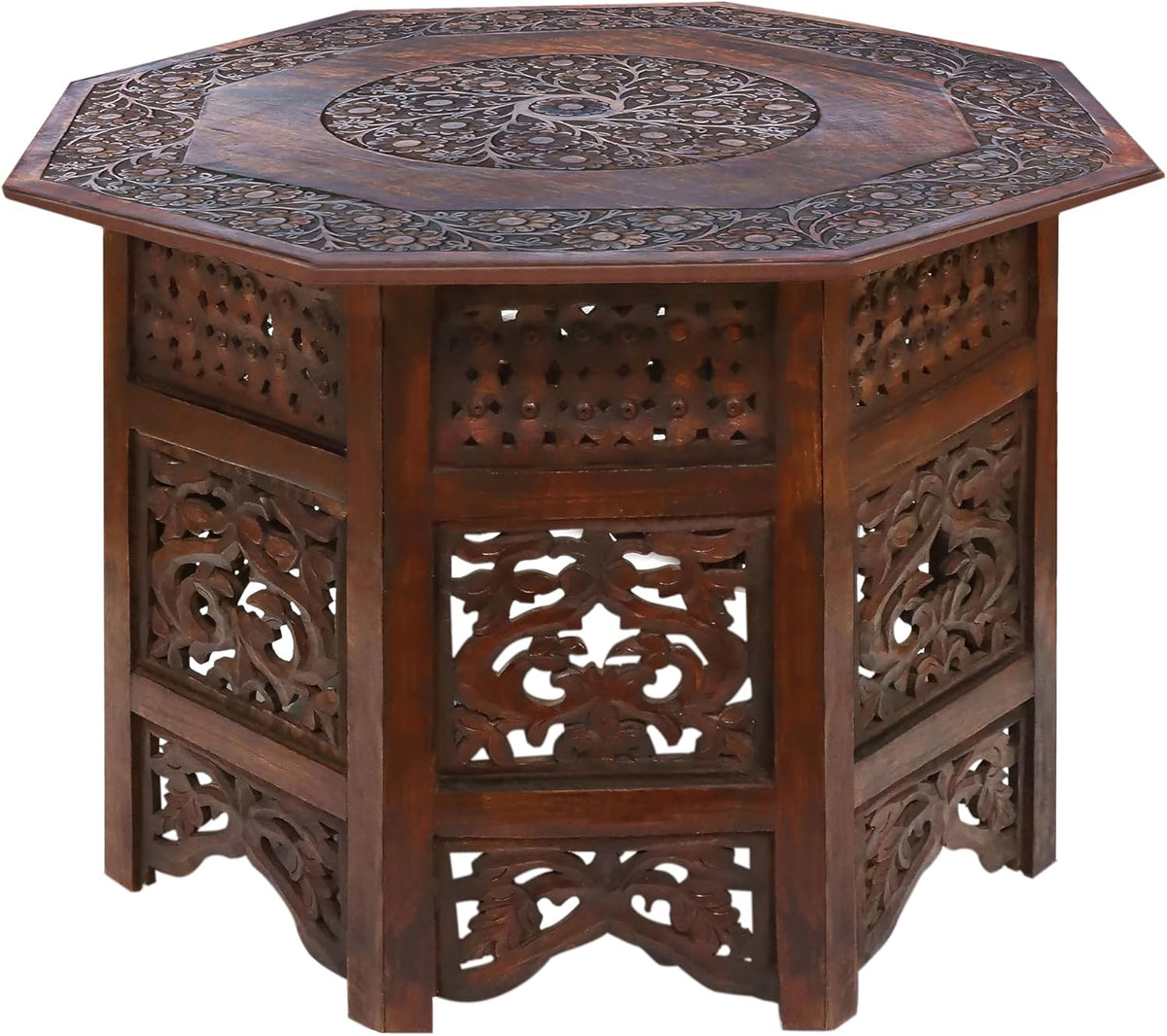 COTTON CRAFT Solid Wood Coffee Table - Hand Carved Vintage Boho Folding Side Table - Small Spaces Entryway Family Room Accent Table Living Room End Table - No Tools Assembly - Octagon 28 in x 18 in H