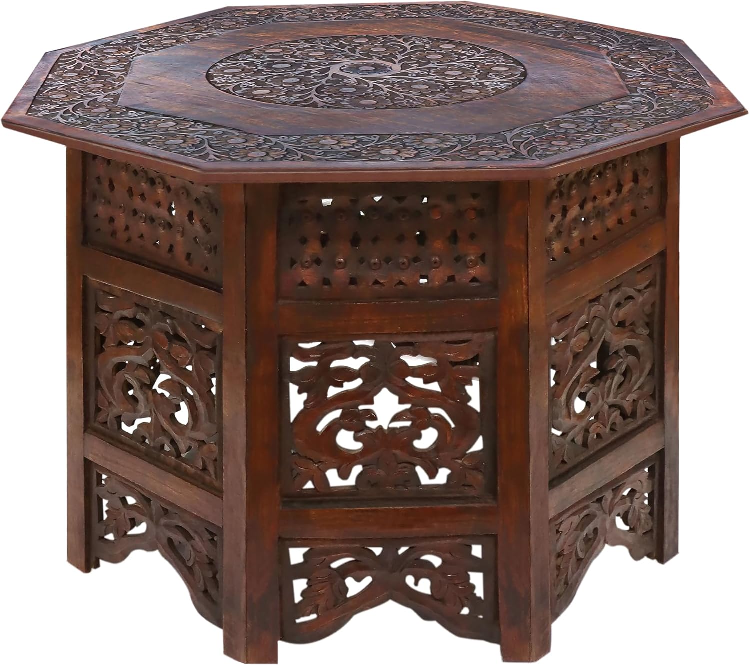 COTTON CRAFT Solid Wood Coffee Table - Hand Carved Vintage Boho Folding Side Table - Small Spaces Entryway Family Room Accent Table Living Room End Table - No Tools Assembly - Octagon 28 in x 18 in H