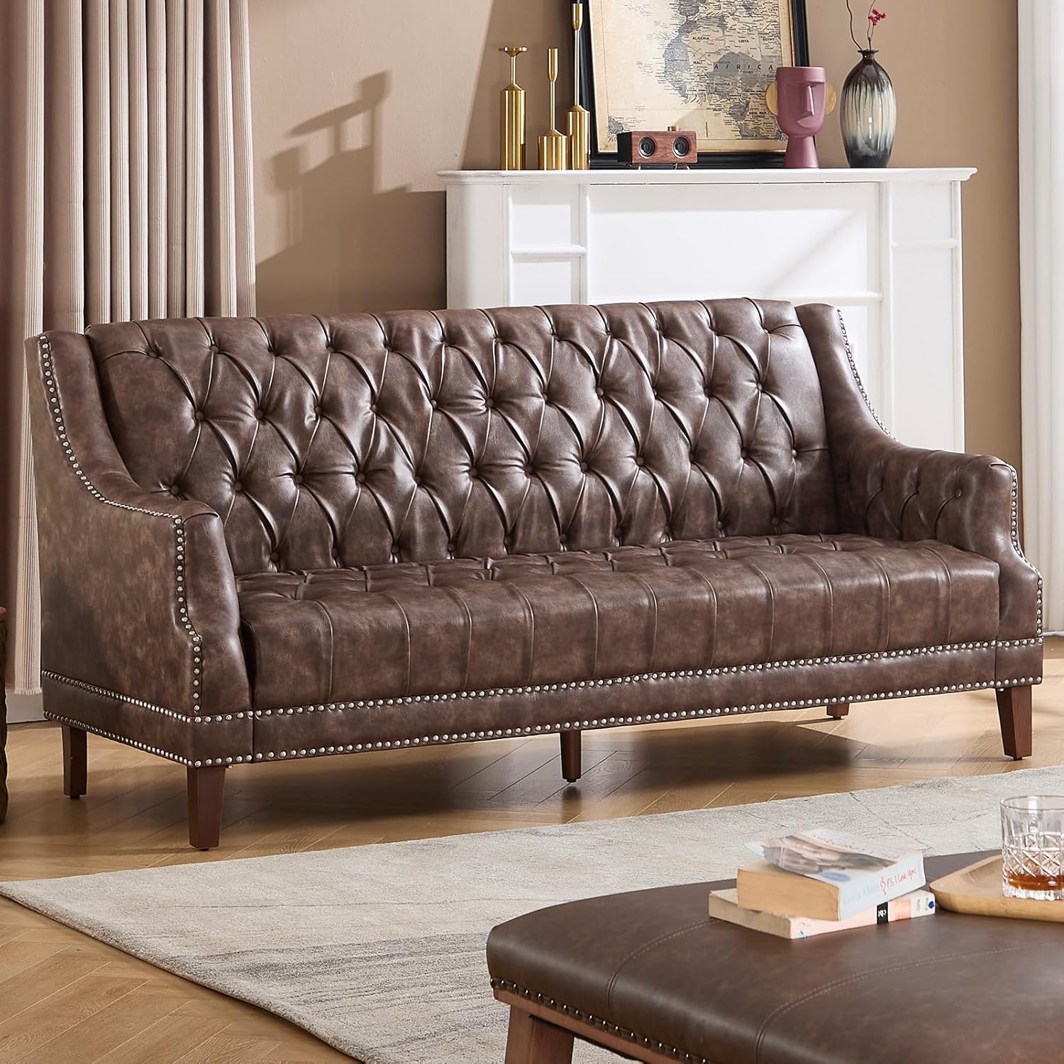 Faux Leather Sofa Couch, Button-Tufted 3-Seater Sofa with Armrest & Deep Seat, 74" Vintage Chesterfield Style Upholstered Loveseat Sofa for Living Room/Home Lounge Apartment, Deep Brown
