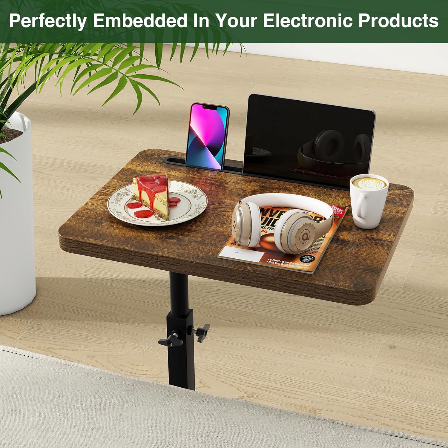 IBUYKE C Shaped Side Table, 360° Swivel Height Adjustable End Table for Small Spaces, with Phone & Tablet Slot, Modern Small Coffee Snack Table for Sofa/Bed, Retro Brown UTVT003H