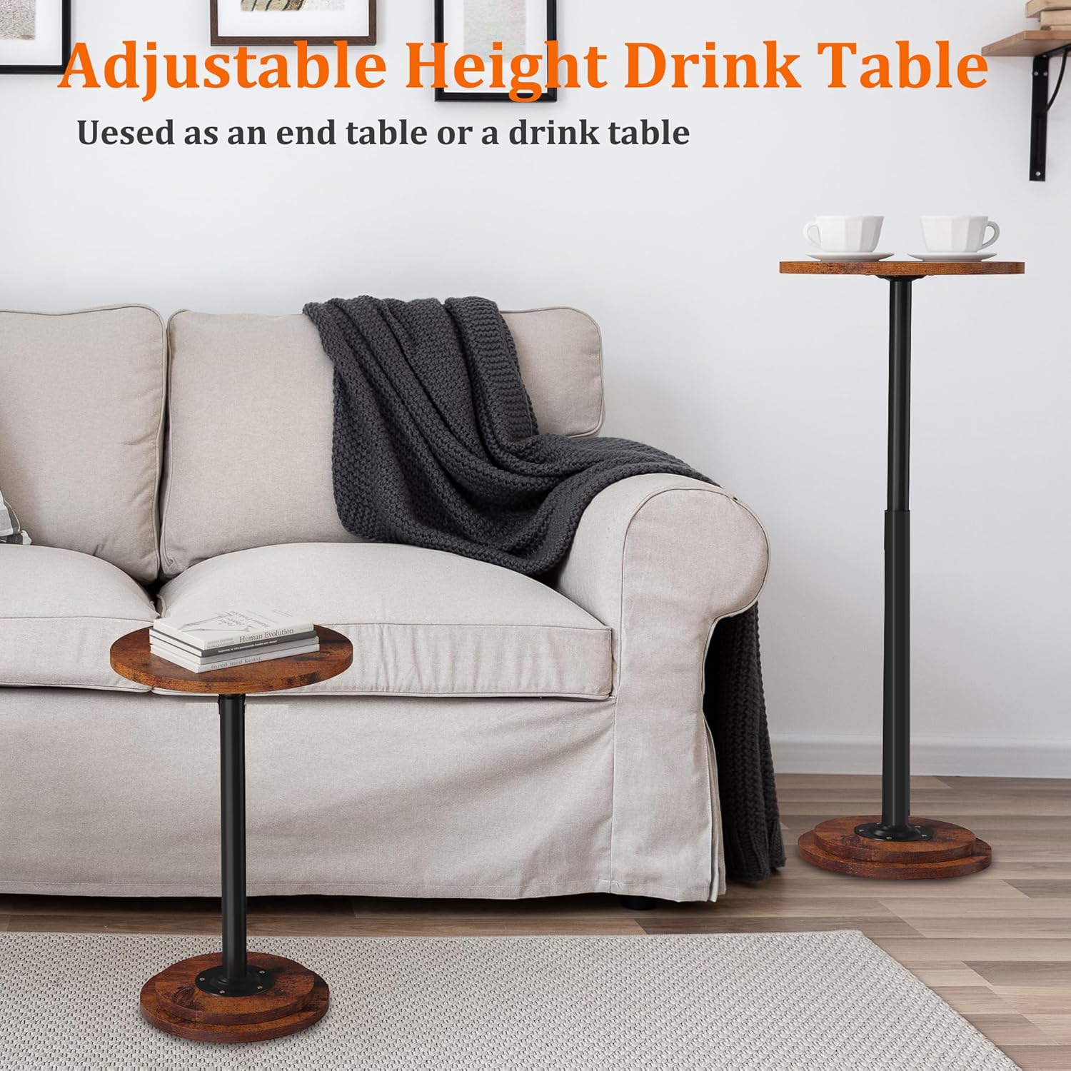 2Pack Drink Table, Small Side Table with Adjustable Height & Heavy-Duty Design, Pedestal Martini Tables for Small Spaces, Sofa Couch, Living Room, Bedroom, Supports up to 88 lbs, Rustic Brown