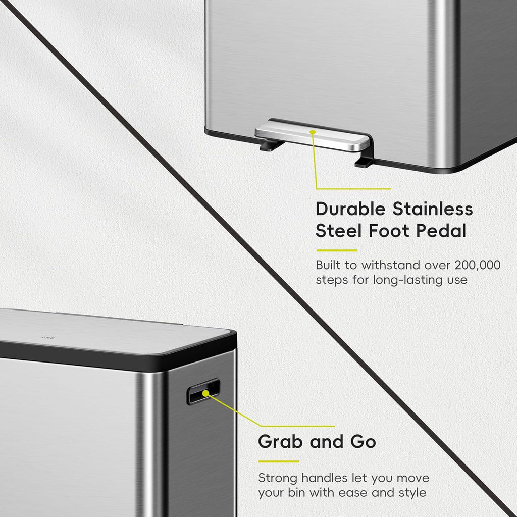 EKO EcoCasa II 36L+24L Dual Trash Can with Recycle Bin, Stainless Steel Garbage Can with Lid, Deodorizer Compartment, Odor-Proof and Fingerprint Resistant