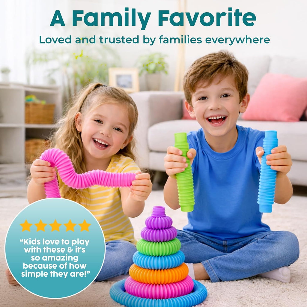 BUNMO Easter Basket Stuffers for Toddler - Pop Tubes - Sensory Fidget Toys - Creative Learning - Hours of Fun for Kids - Easter Toys - Tons of Ways to Play - Non-Mouthable 3+ - 4 Pack Large
