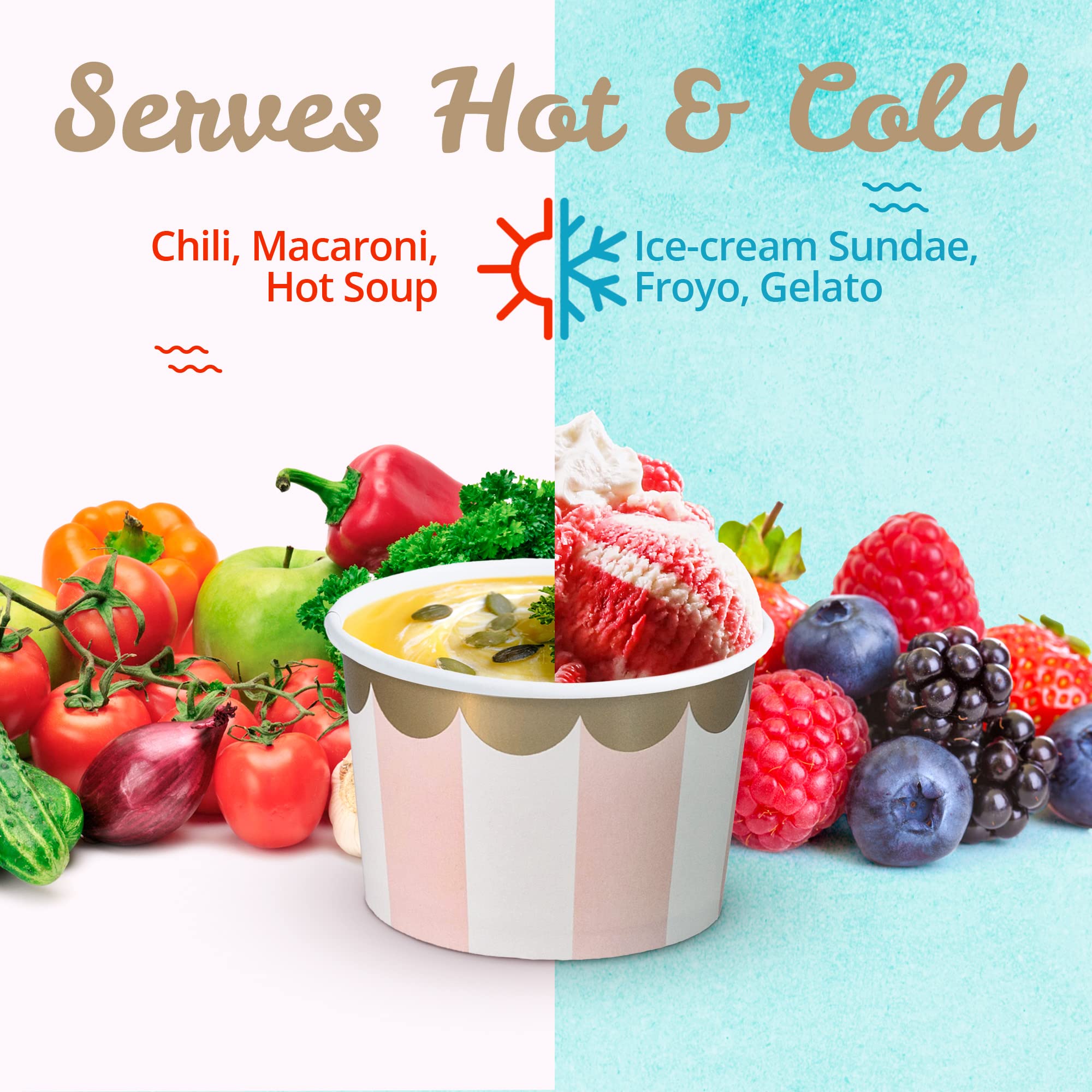 Paper Ice Cream Cups - 50-Count 9-Oz Disposable Dessert Bowls for Hot or Cold Food, 9-Ounce Party Supplies Treat Cups for Sundae, Frozen Yogurt, Soup, 5 Colors Pastel Stripes with Scalloped Gold Foil