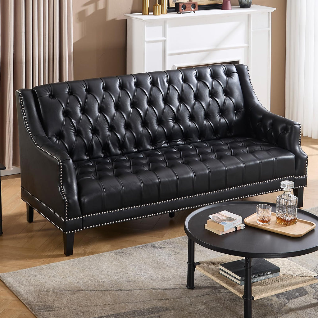 Faux Leather Sofa Couch, Button-Tufted 3-Seater Sofa with Armrest & Deep Seat, 74" Vintage Chesterfield Style Upholstered Loveseat Sofa for Living Room/Home Lounge Apartment, Deep Brown