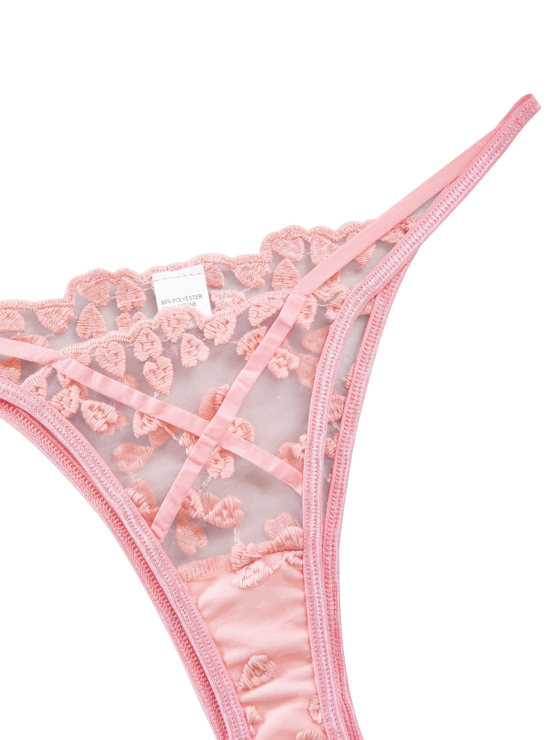 Lilosy Sexy Mignon Soutien-gorge à Armatures Push Up Bretelles Cœur Brodé Maille Transparente Ensemble de Lingerie pour Femmes Soutien-gorge Transparent et Culotte 2 Pièces Rose Très Petit