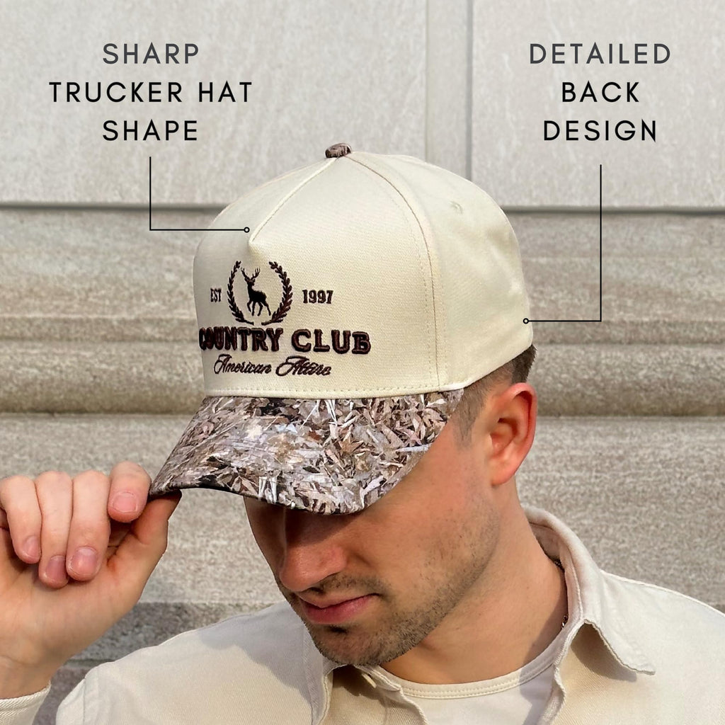 Vintage Trucker Hat | Country Cowboy Cute Preppy Retro Western Trucker Hats | Men Women Trendy Snapback | Tan Red Green Black (Country Club | Camo)