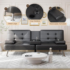 Shahoo Convertible Folding Futon Sofa Bed Sleeper Couch for Living Room Faux Leather Upholstered Loveseat w/Removable Armrests, Metal Legs, 2 Cup Holders, Black