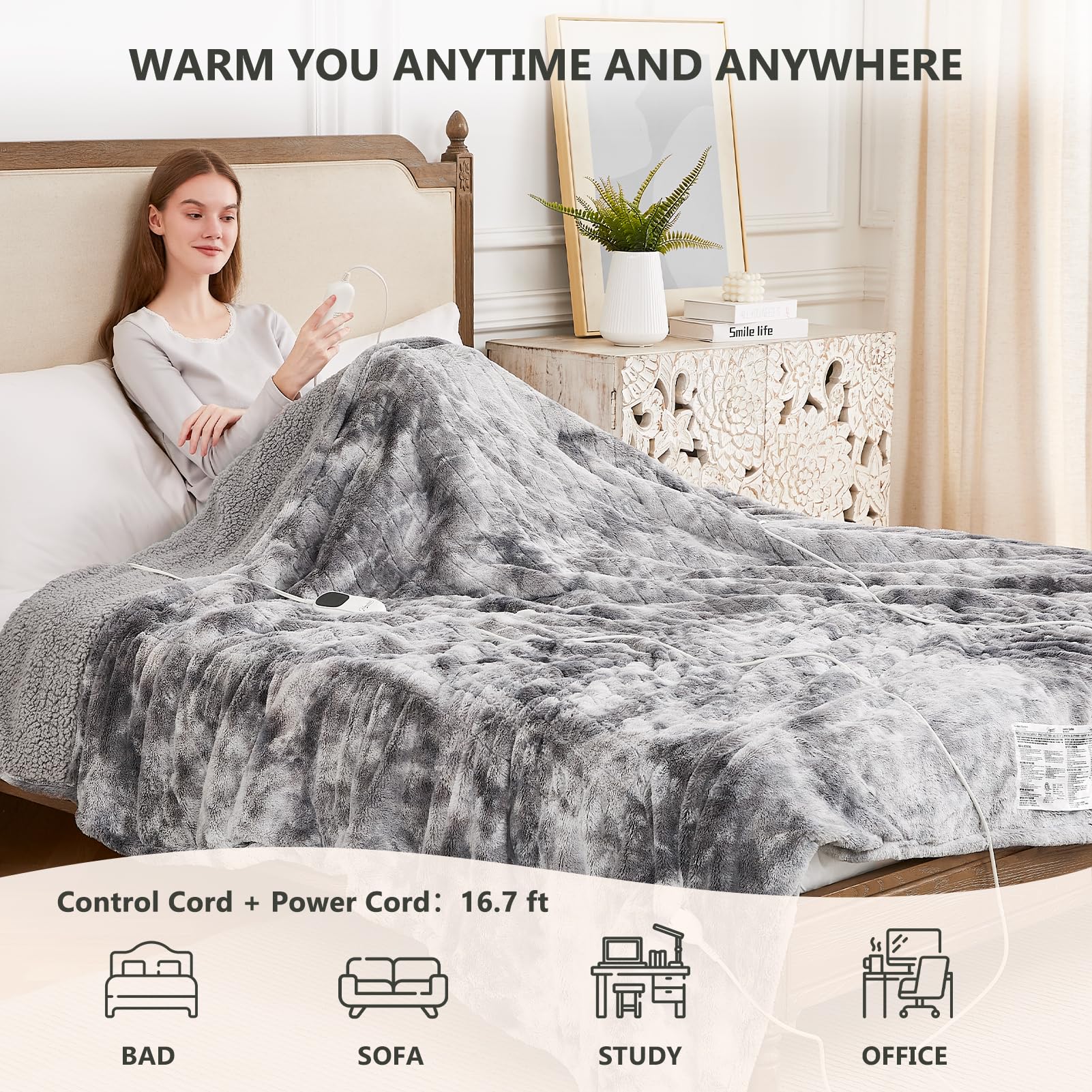 Homemate Heated Blanket Electric Throw - 50x60 Heating Blanket Throw 5 Gears Auto-Off 10 Heat Levels Heat Blanket Over-Heat Protection Luxury Faux Fur Sherpa Heater Blanket Electric ETL Certification