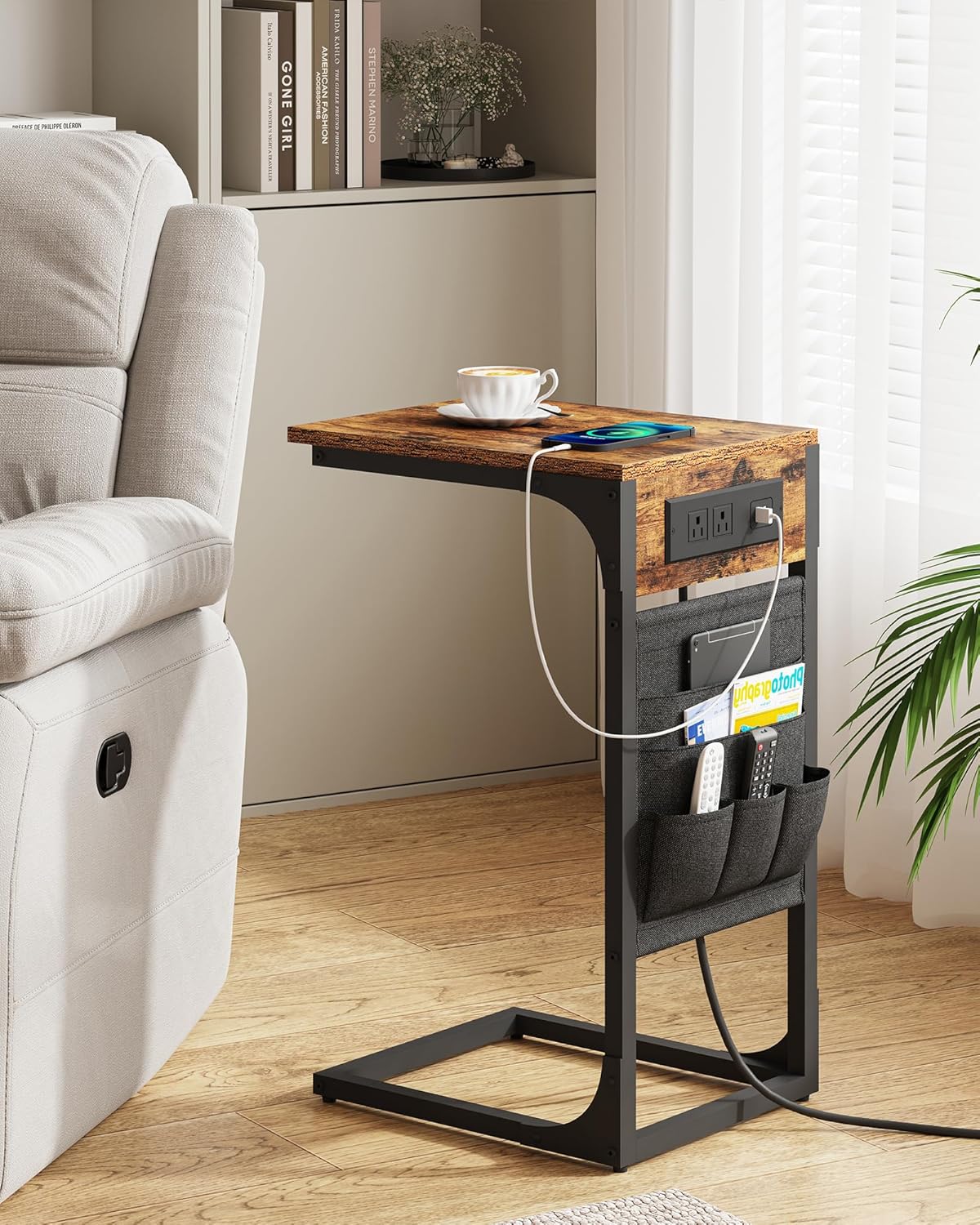 TUTOTAK C Shaped End Table with Charging Station, Side Table for Sofa, Couch Table with Storage Bag, TV Tray with 2 USB Ports and Outlets for Living Room, Bedroom, Brown TB01BB024