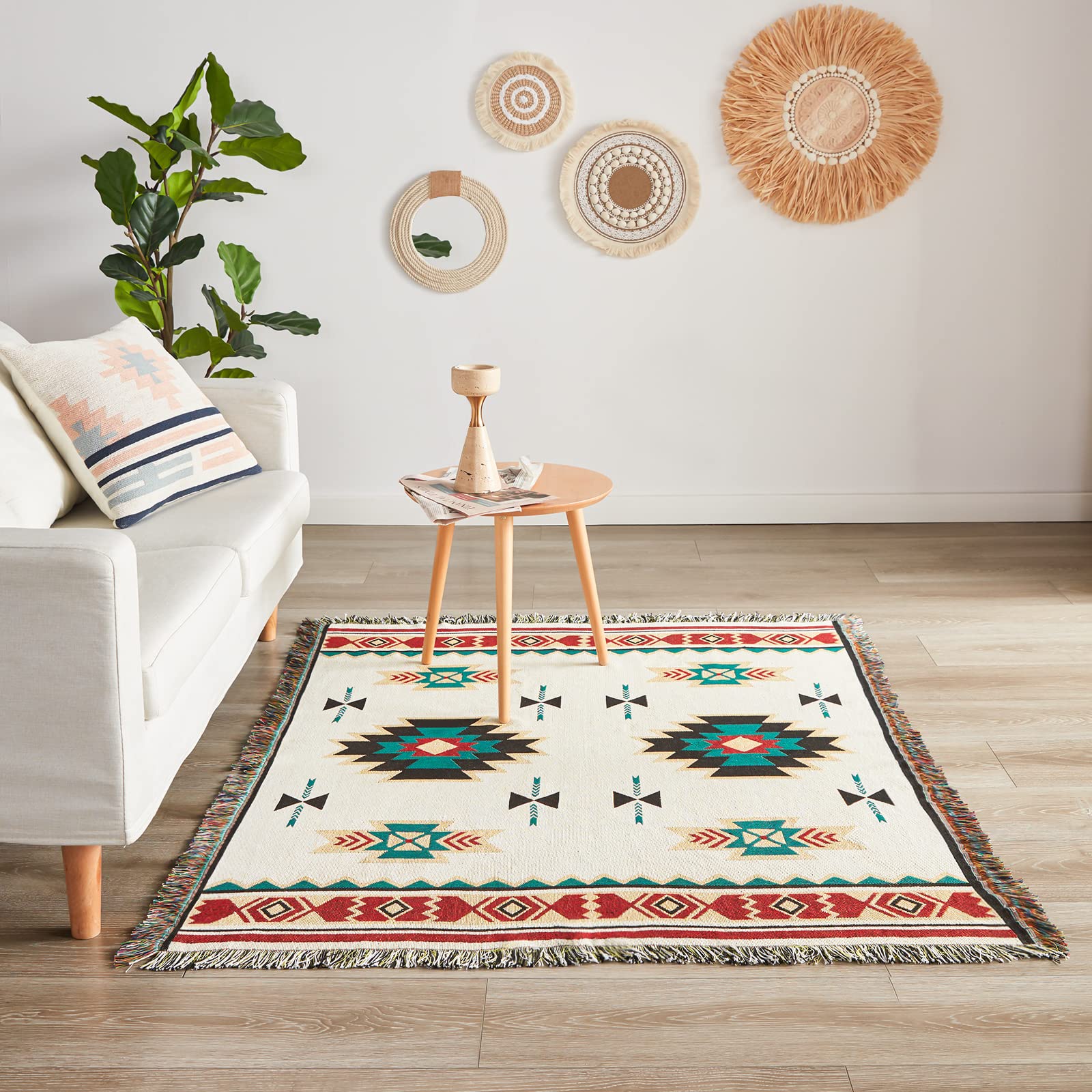 Touchat Native American Blanket Western Decor Boho Throw Blanket for Sofa, Mexican Decorative Farmhouse Blanket, Southwest Decor Woven Blankets, Aztec Throw Blankets with Tassel(Beige,50×60 inch)