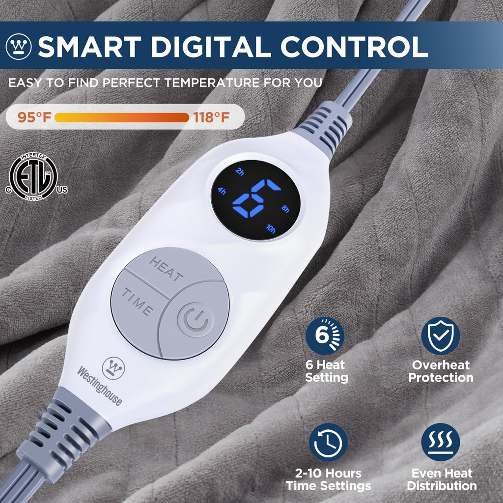 Manta eléctrica Westinghouse tamaño Queen, franela súper suave y acogedora 84" x 90" manta calefactable con 10 niveles de calentamiento rápido y apagado automático de 1-12 horas, lavable a máquina, certificación ETL y FCC, beige