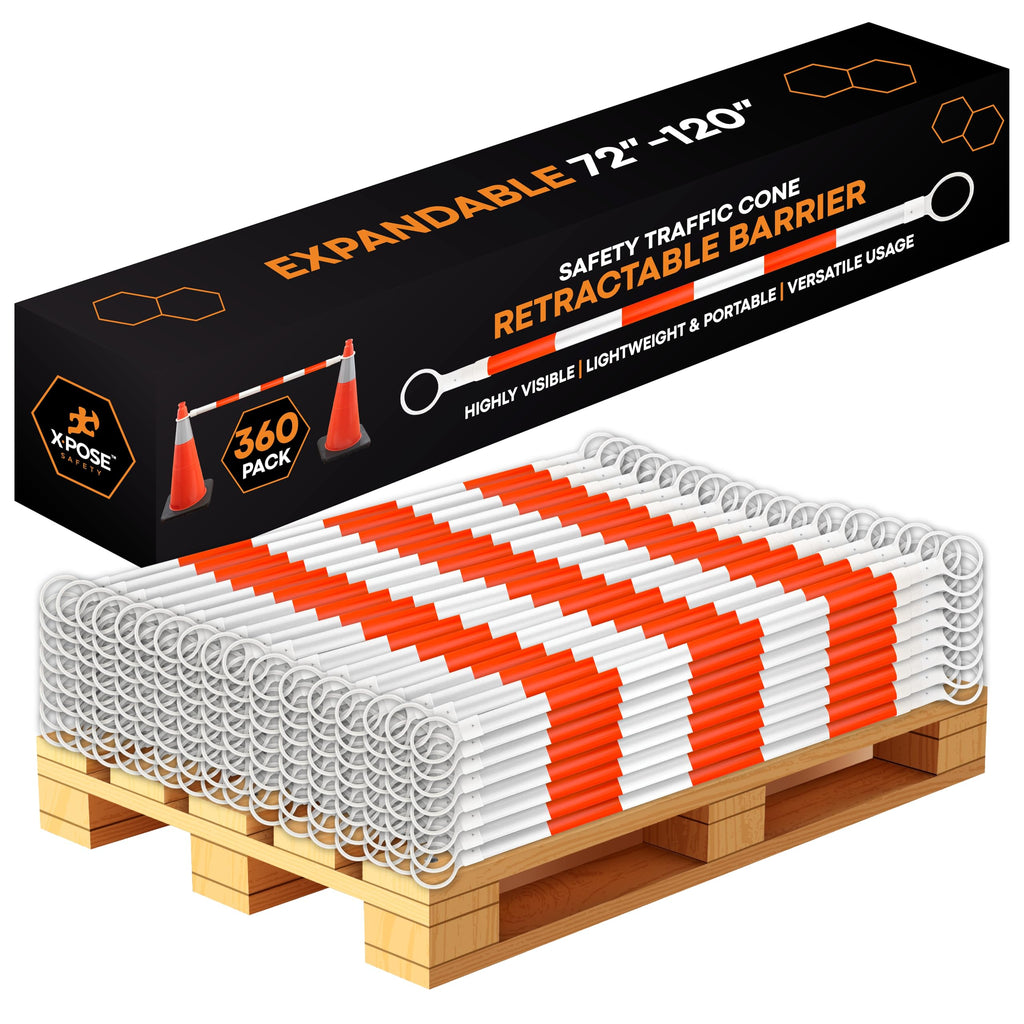 Retractable Barrier for Safety Traffic Cones - 2" OD - Large Yellow and Black Bar Barricade - for Road Construction, Parking, Warning, Temporary Security Divider (40, Orange & White, 72" x 120")