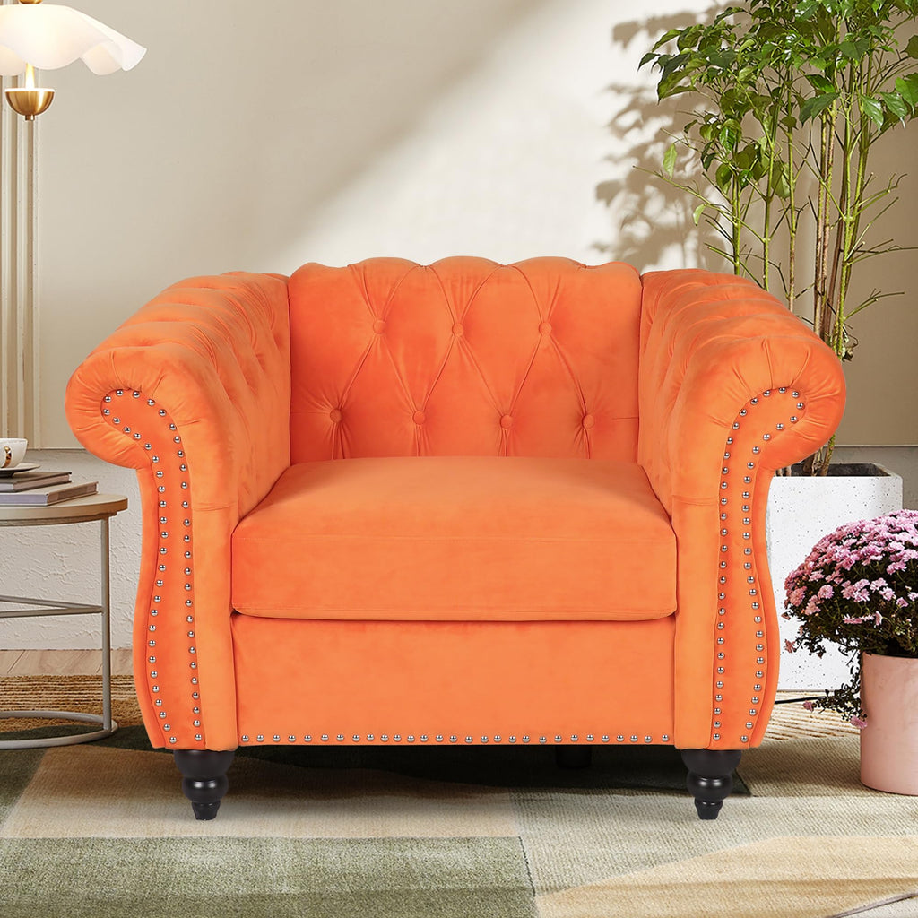 Home Sofa Living Room Furniture, 3 Seater 84" Velvet Upholstered Couch, Mid Century Modern Comfy Couch with Cushions, Classic Tufted Chesterfield Couches for Bedroom, Office, Apartment (Orange)