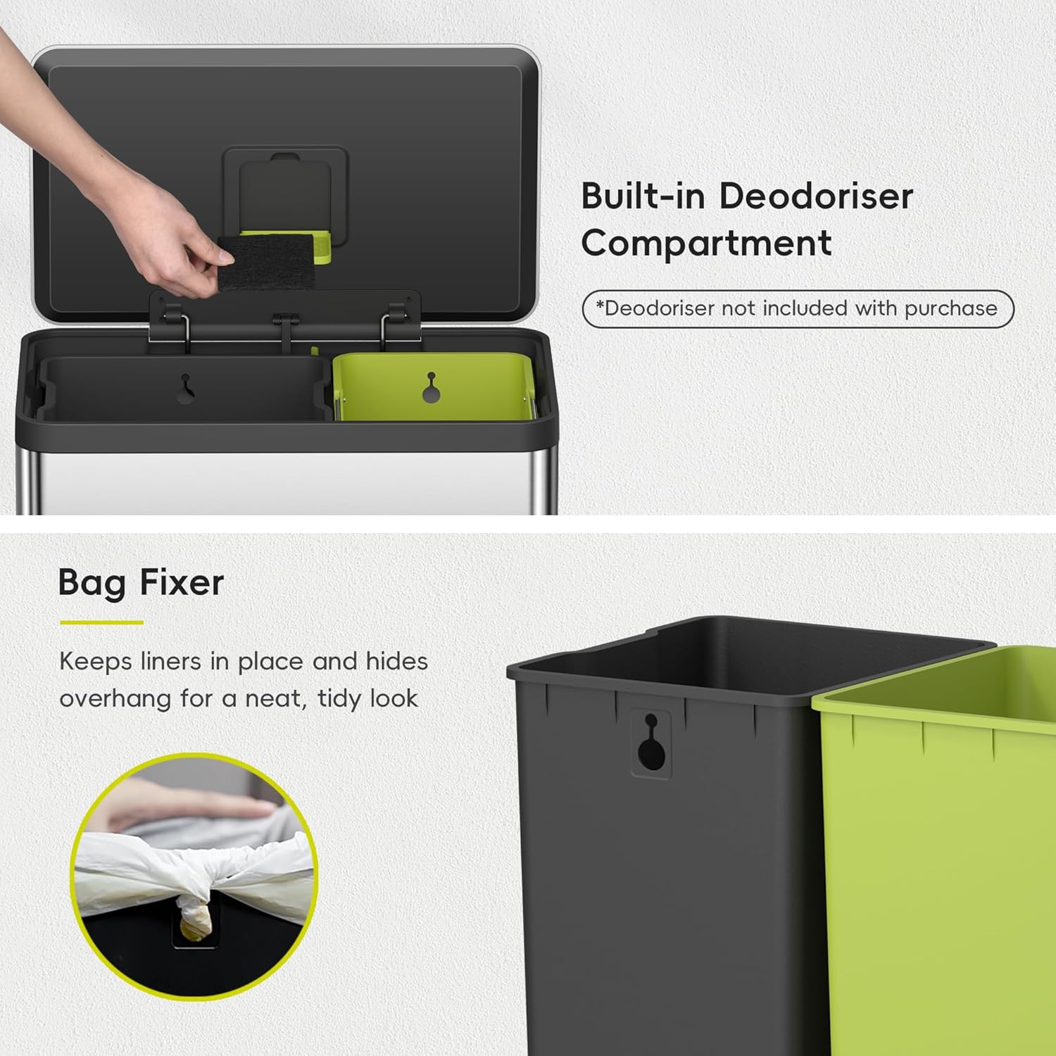 EKO EcoCasa II 36L+24L Dual Trash Can with Recycle Bin, Stainless Steel Garbage Can with Lid, Deodorizer Compartment, Odor-Proof and Fingerprint Resistant