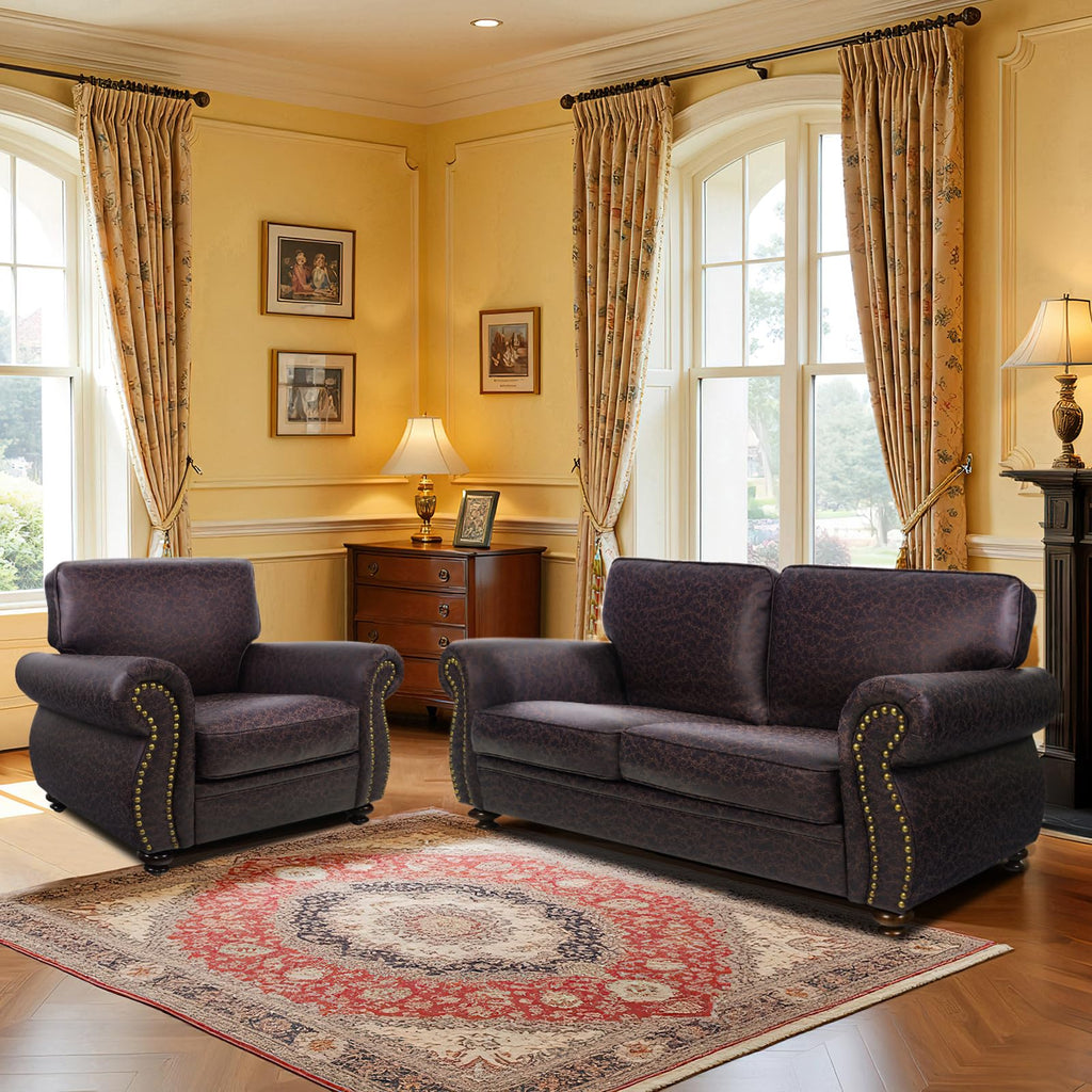 Mid-Century Vintage Sofa Couches with Rivet Design,loveseat Sofa,Removable Sofa Cover Upholstered Cushions and Solid Wood Frame (Grey, 3-Seater)