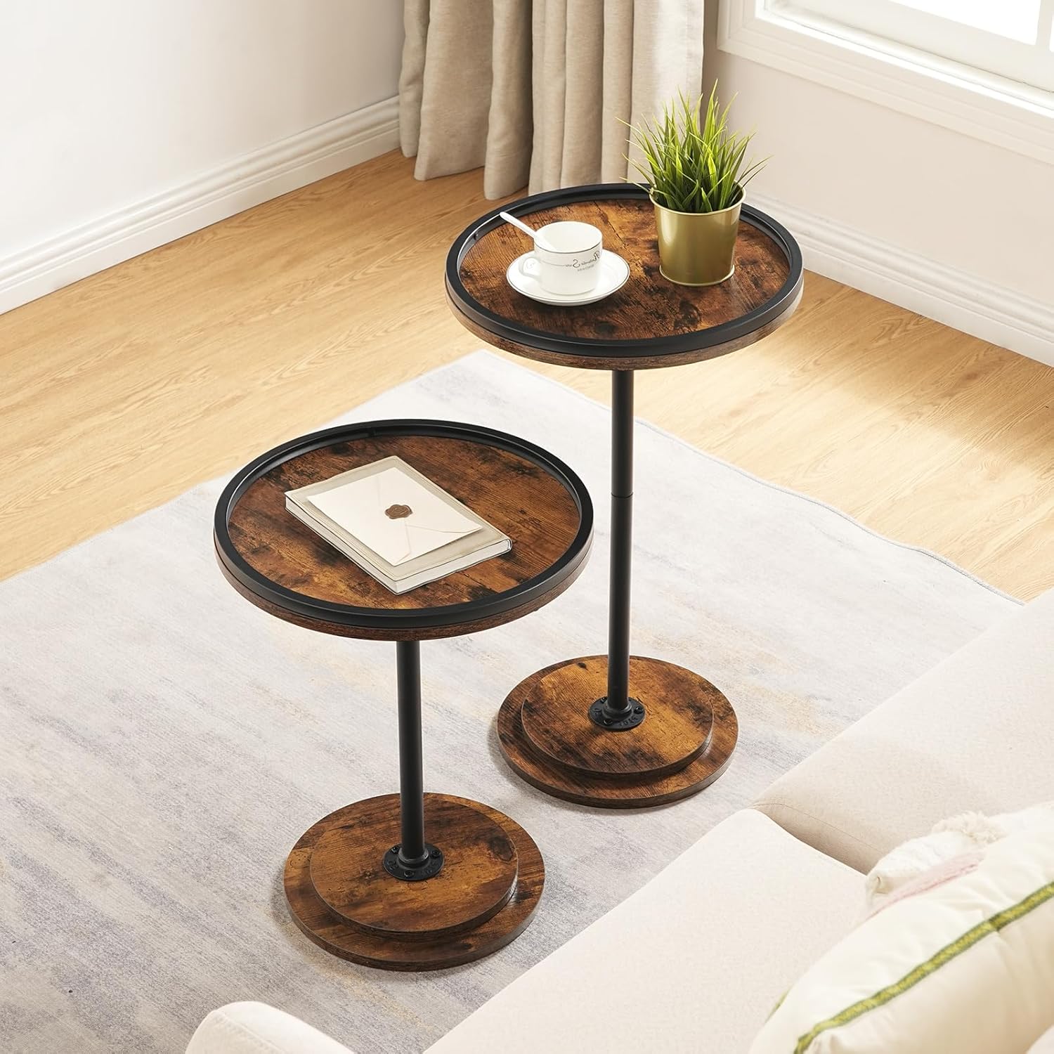 HOOBRO Small Coffee Table Set of 2, Round Coffee Side Table with Wooden Pedestal, Modern Accent End Tables for Living Room, Bedroom, Rustic Brown BF170BZ01
