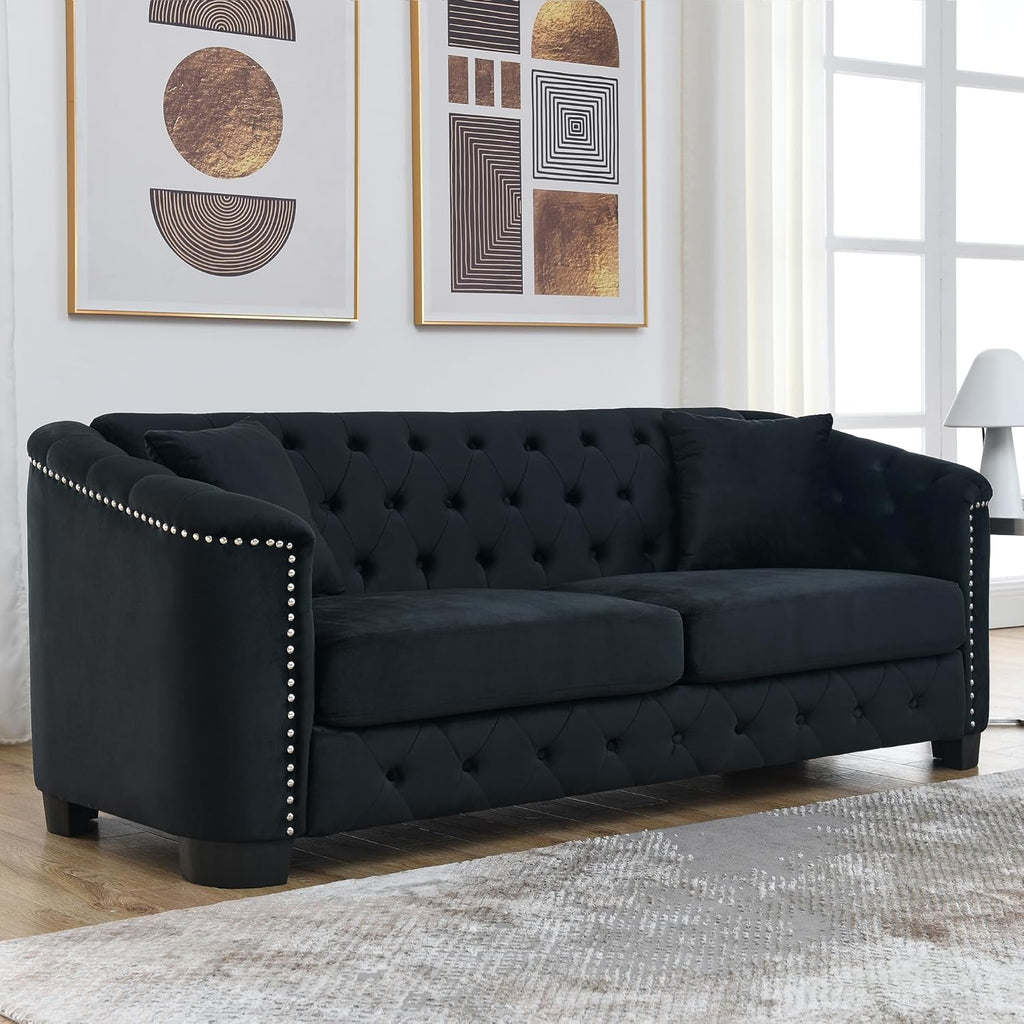 mikibama Modern Chesterfield Velvet Sofa, 77 Inch Sectional Sofa, Luxury 3 Seater Upholstered Tufted Couch with Nailhead Arms and 2 Pillows for Living Room, Bedroom, Apartment(Black)