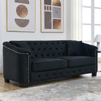 mikibama Modern Chesterfield Velvet Sofa, 77 Inch Sectional Sofa, Luxury 3 Seater Upholstered Tufted Couch with Nailhead Arms and 2 Pillows for Living Room, Bedroom, Apartment(Black)