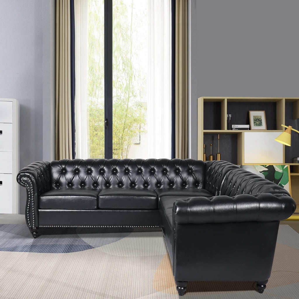 L Shaped Small Sectional Sofa, Chesterfield Leather Couch Tufted Accent Sofa with Scroll Arms and Nailhead for Living Room, Office
