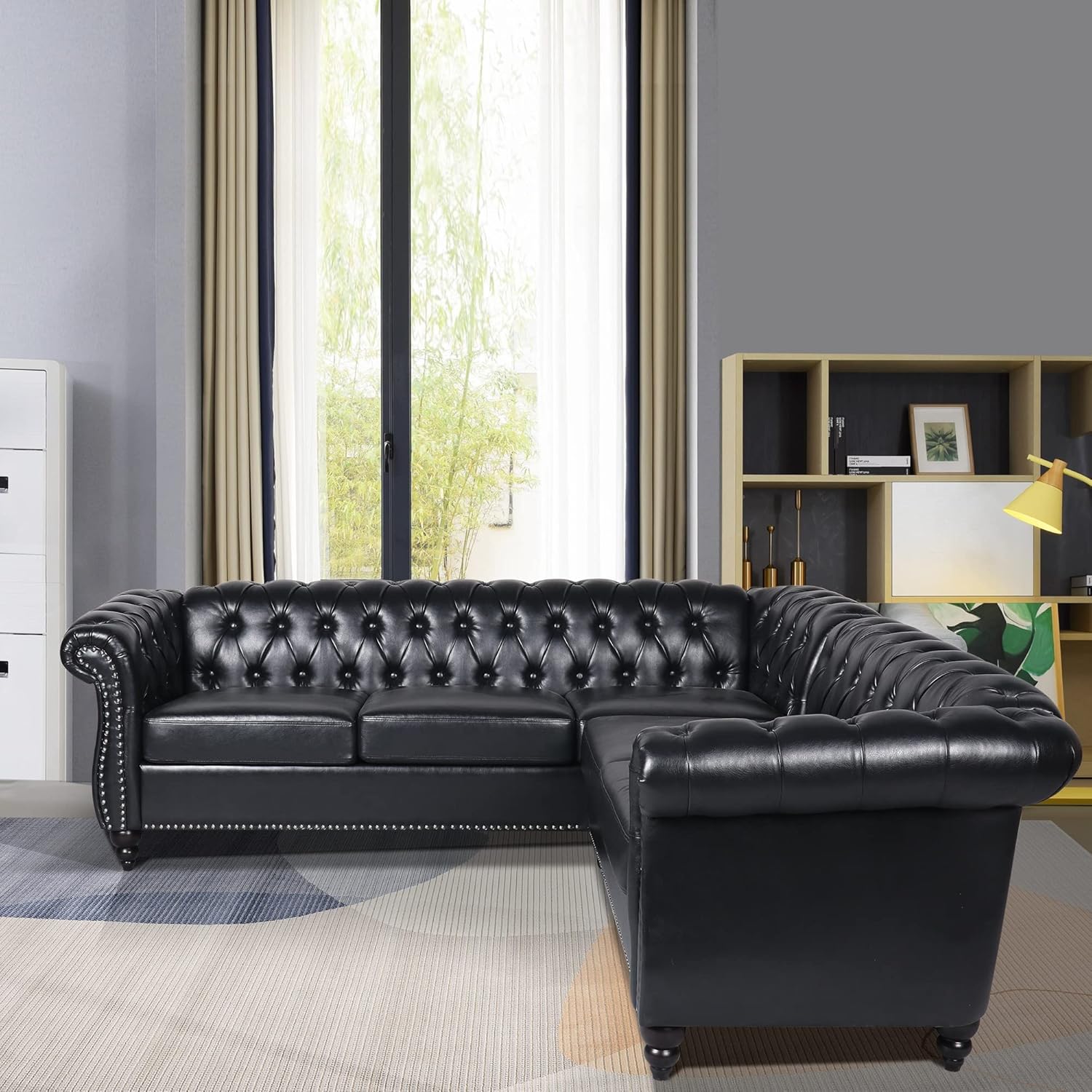 L Shaped Small Sectional Sofa, Chesterfield Leather Couch Tufted Accent Sofa with Scroll Arms and Nailhead for Living Room, Office