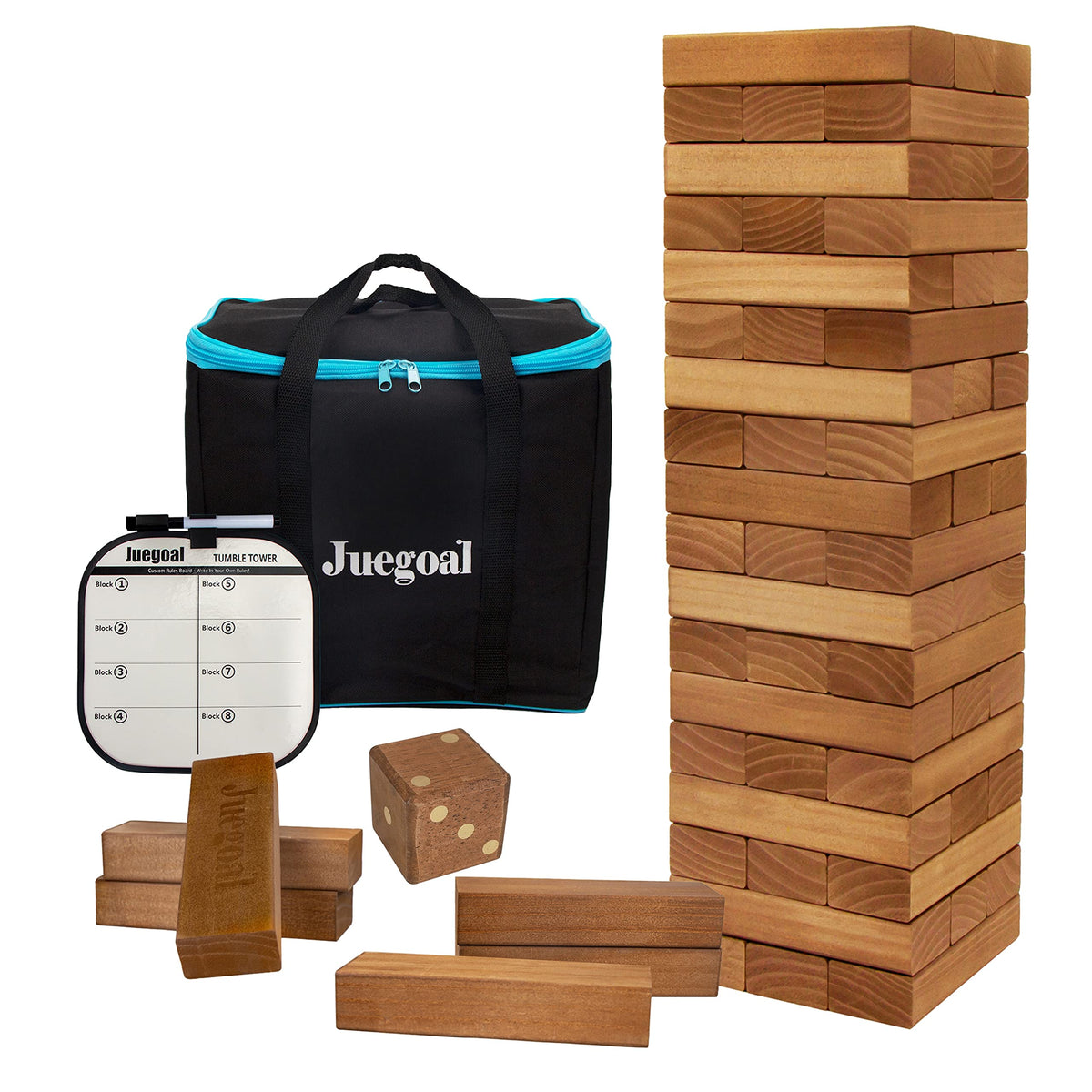 Juegoal 54 Peças Jogo de Torre de Blocos Gigante Jogo Gigante de Empilhar de Madeira com 1 Conjunto de Dados, Tabuleiro, Bolsa de Lona para Adultos, Crianças, Família, Marrom