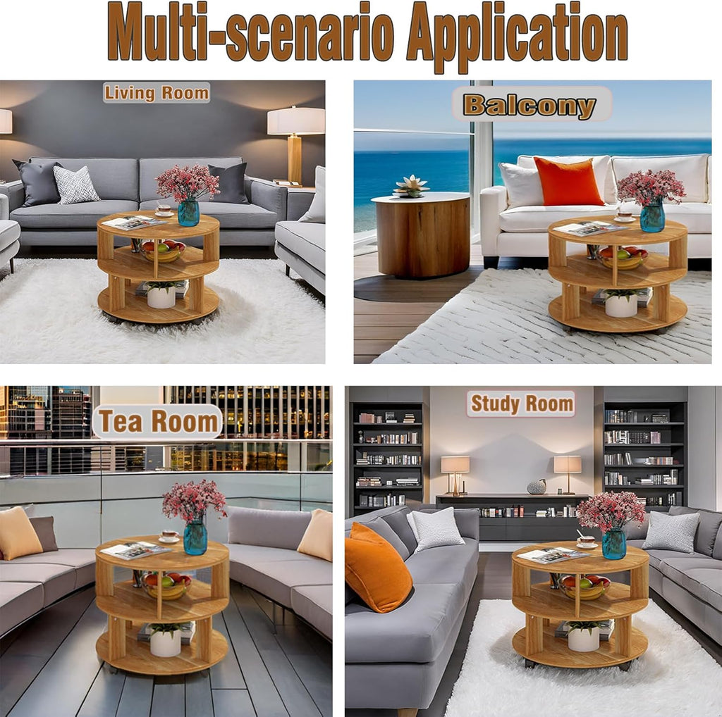 RNE Coffee Table with Wheels,Round Side Table with 2-Tier Storage Shelf,End Table Easy Assembly,Cocktail Table for Home Office