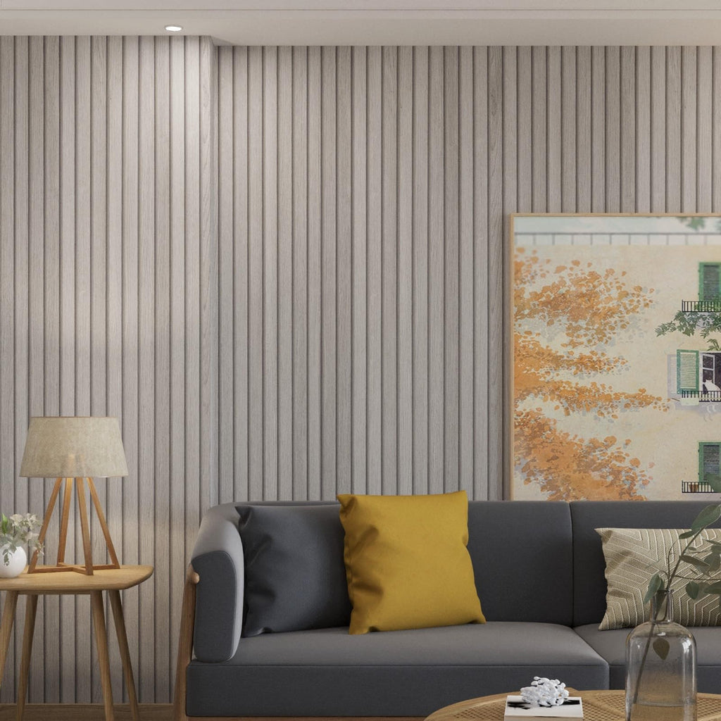 JSEVEM 16"×118" 3D Cream White Grey Slats Striped Wood Wallpaper Peel and Stick Waterproof Gray Slat Stripe Wood Contact Paper Vinyl Self Adhesive Wood Stickers for Walls Cabinets Kitchen Countertops