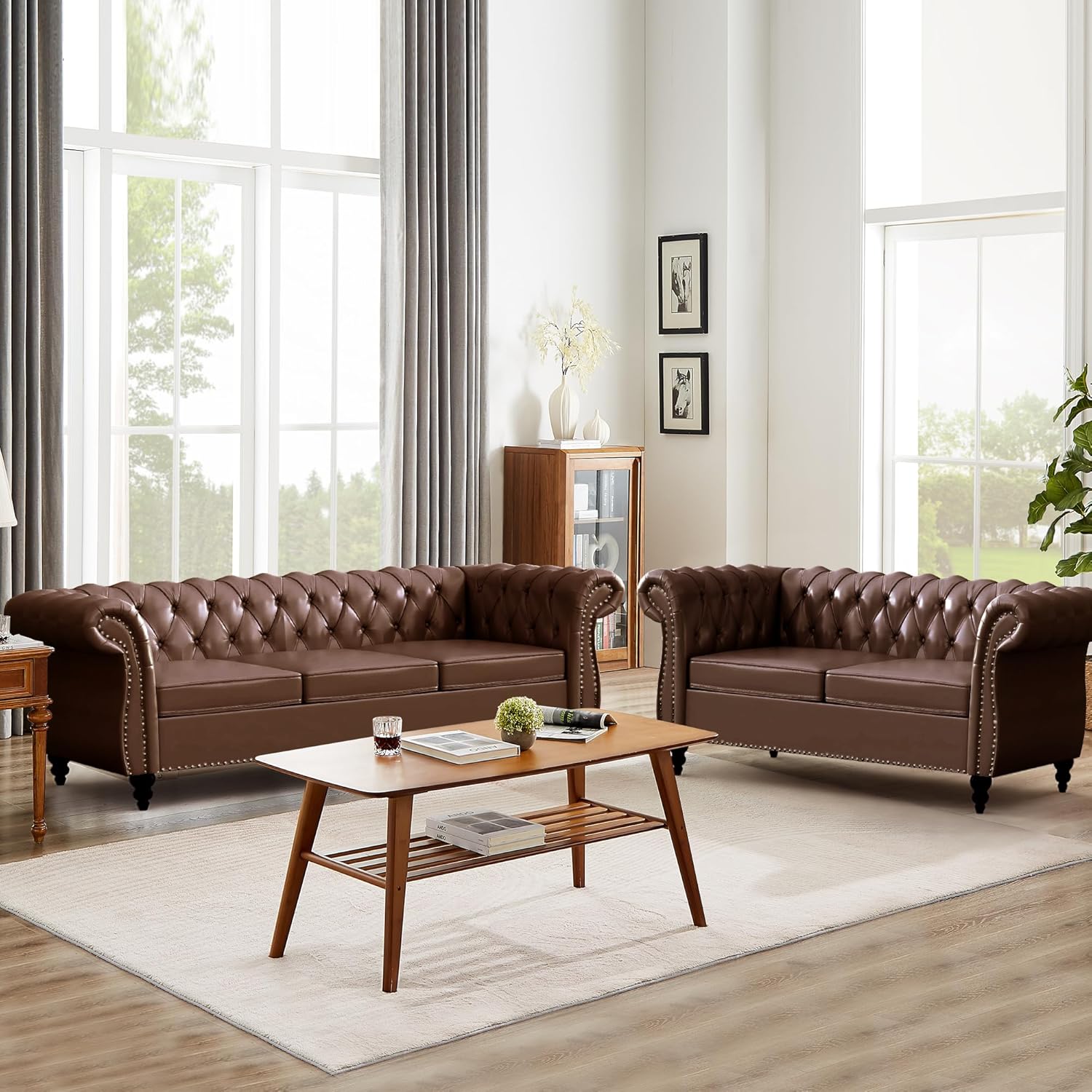 QHITTY 3 Piece Living Room Set, Sectional Chesterfield Sofa Chair Contemporary Upholstered Leather Loveseat Couch Sets for Living Room, Bedroom, Office