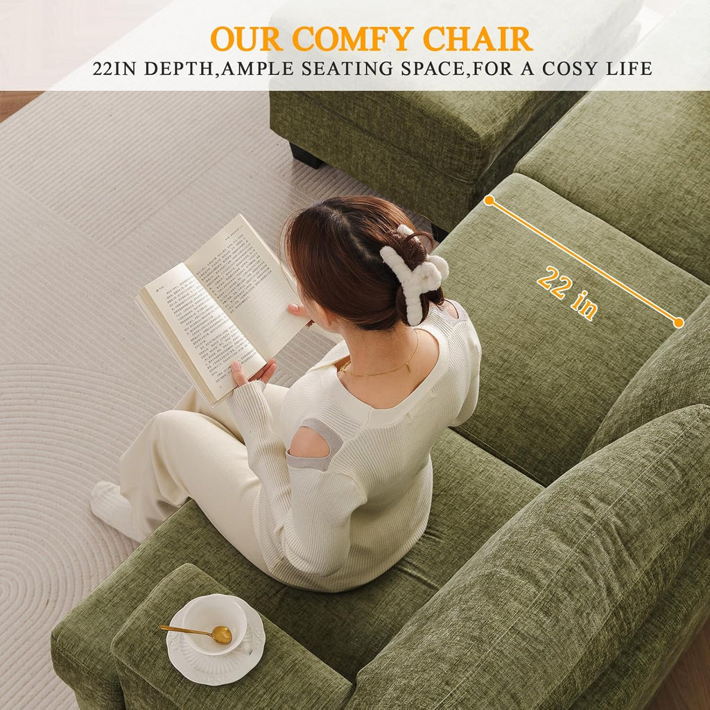 85'' L Shaped Couch with Armrest Organizer,Comfy 3 Seats Sofa with Thick Cushion,Chenille Sectional Couches for Living Room,Bedroom,Apartment,Sofa Set with Oversized Chair,Home Furniture,Green