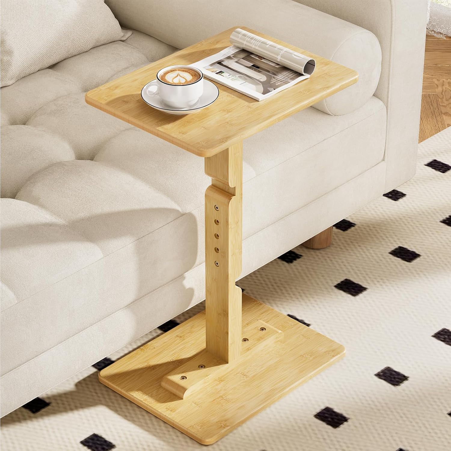 Amazer Bamboo End Table, Height Adjustable Side Table for Couch, Small Drink Table for Small Places, Sofa Tray Table for Living Room, Bedroom Home Office, Natural Color