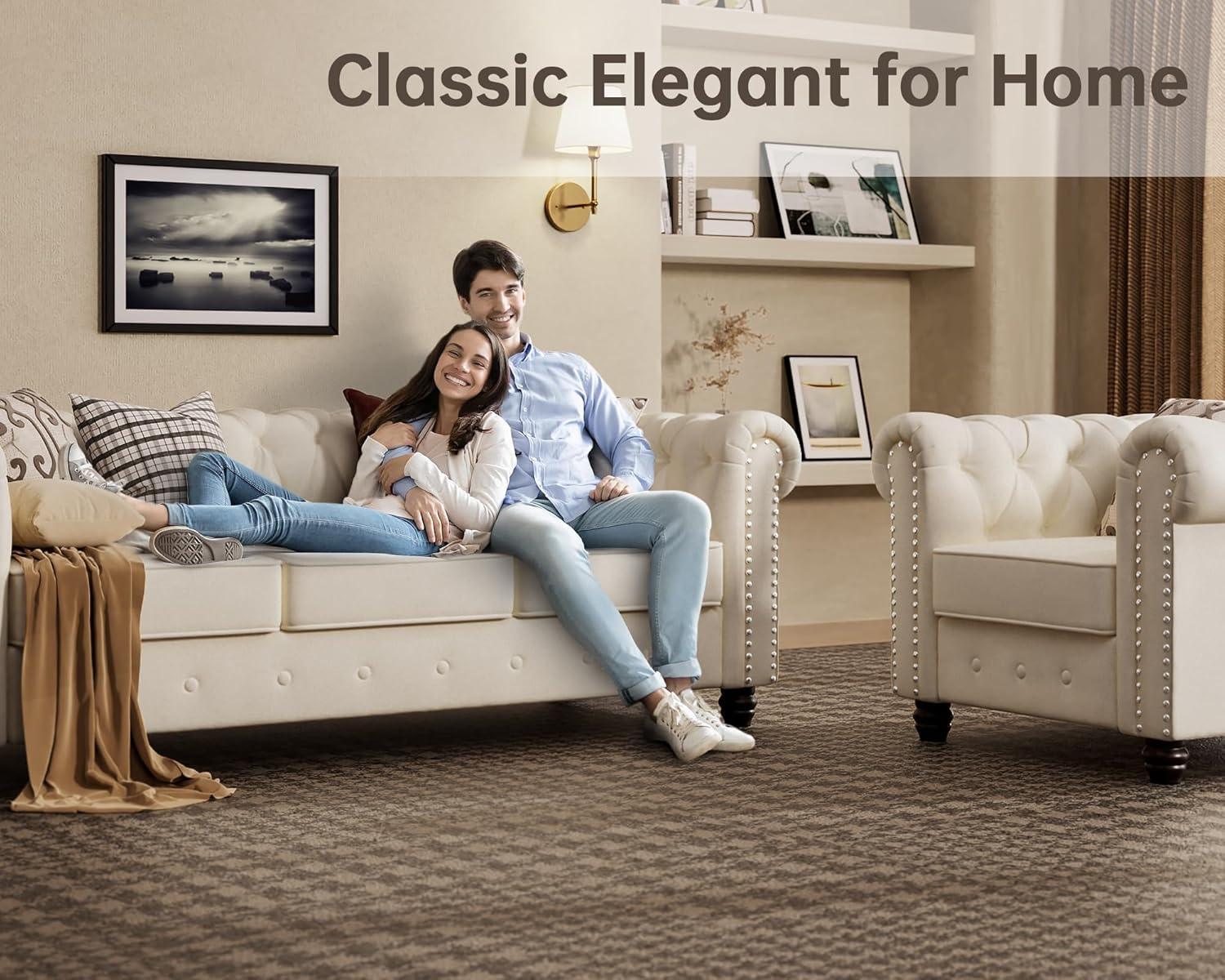 Morden Fort Classic Chesterfield Sofa Set 82'', Tufted Sofa Couch Set with Solid Wood Legs Thick Cushion, Pet-Friendly 3-Seater Sofas Couches for Living Room Bedroom Apartment - Velvet Beige