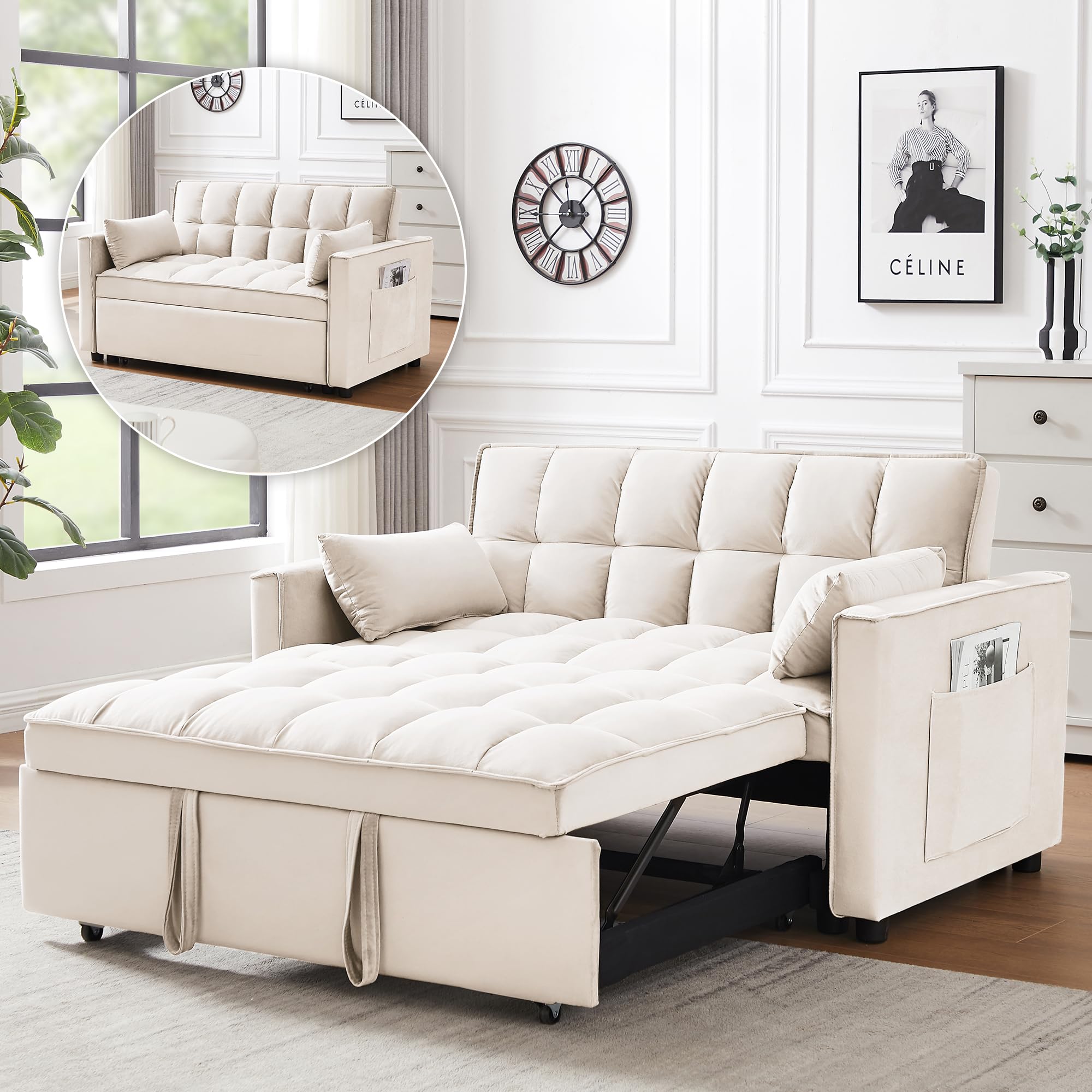 3 in 1 Convertible Sleeper Sofa Bed, Futon Couches for Living Room with Side Pocket | Adjustable Backrest | Velvet Fabric | Pull Out Couch | Small Loveseat | Sectional Sofa Bed(Grey)