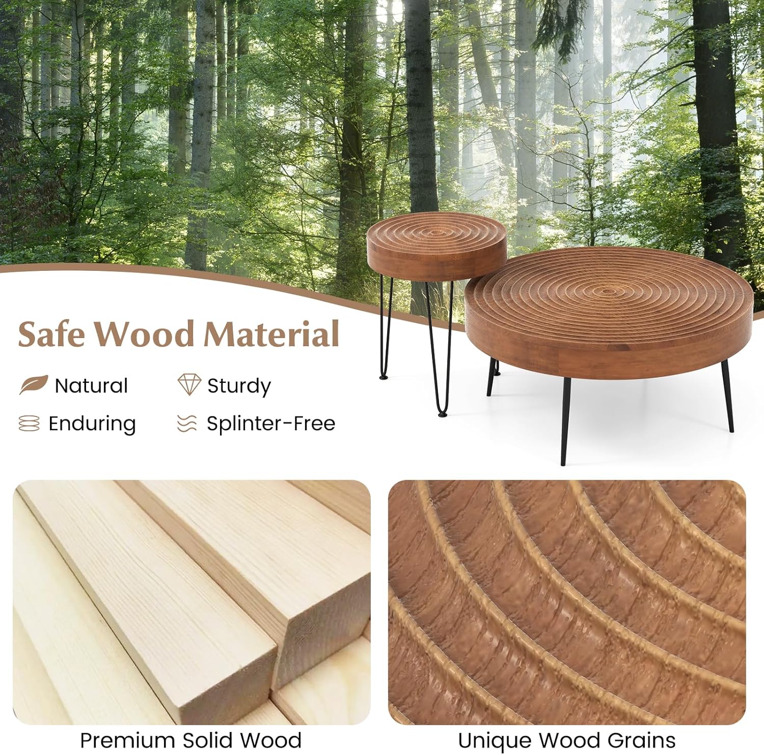 Giantex Boho Round Coffee Table Set of 2, Sofa Side Nesting Table with Solid Pine Wood Top, Metal Legs & Adjustable Foot Pads, 31.5" D Large Table Set for Living Room (Ring Pattern, Brown)