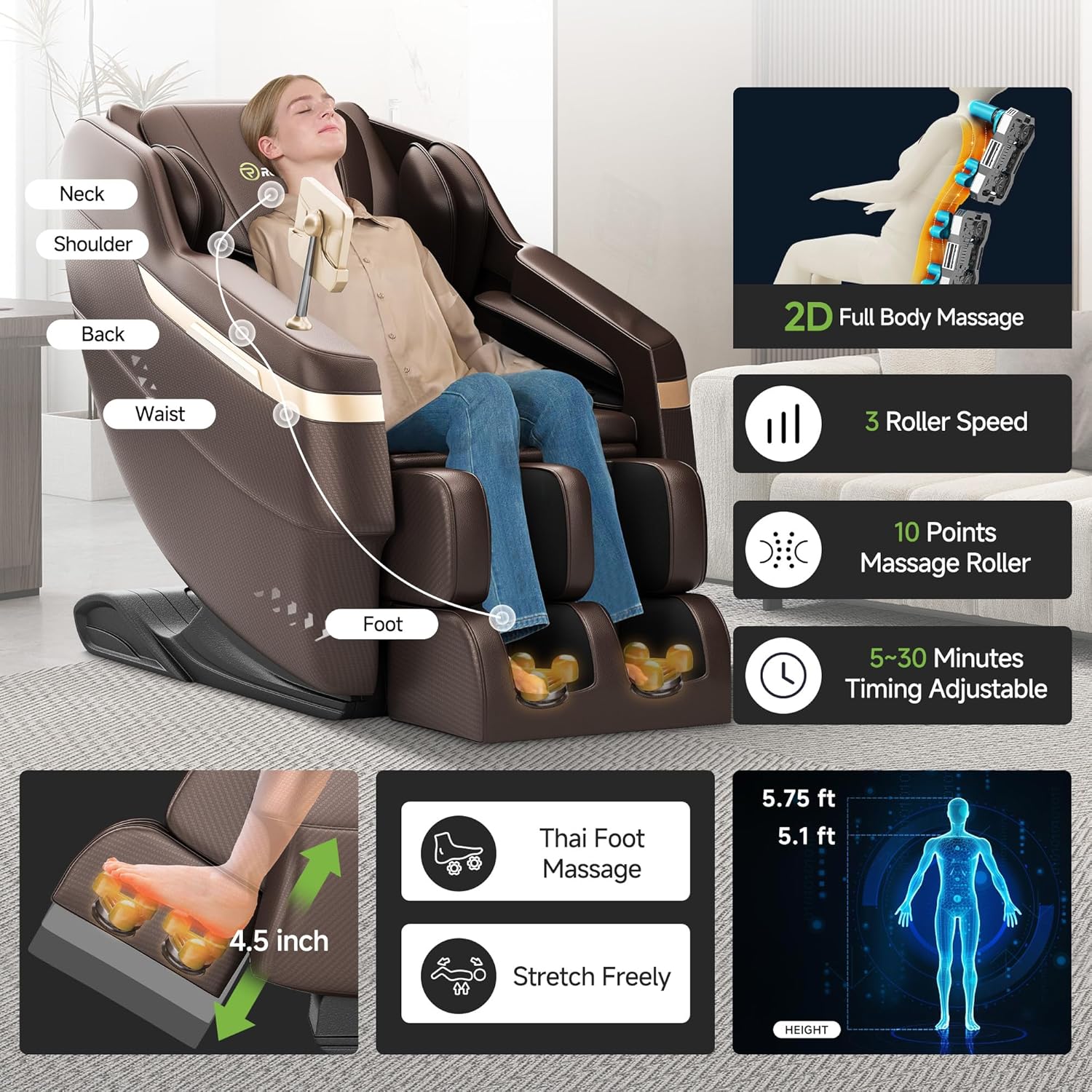 Real Relax 2025 Full Body Massage Chair, Zero Gravity Shiatsu Massage Chair Recliner, Waist and Calf Heating, Foot Massage, Bluetooth, Large Control Screen (Brown and Gold)