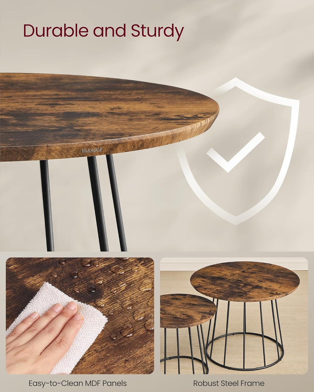 VASAGLE Round Coffee Tables, Set of 2, Modern Circle Side Tables with Steel Frame, for Living Room, Bedroom, Rustic Brown ULCT045K01