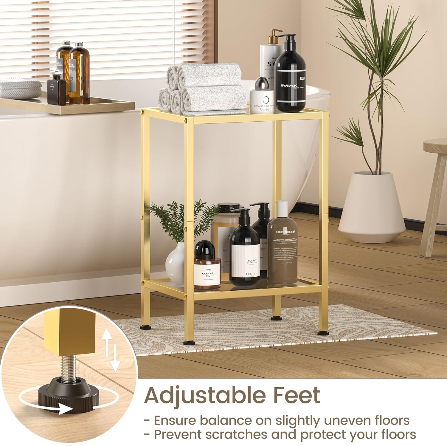 Gold Side Table, Tempered Glass End Table, 2-Tier Nightstands with Open Shelves, Small Coffee Table with Modern Style, Accent Table Small Table Sofa Table for Living Room, Bedroom