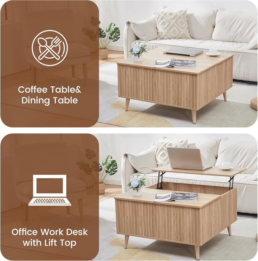 Square Coffee Table for Living Room, 35” Lift Top Coffee Table with Storage, Fluted Coffee Tables with Lifting Top, Mid Century Modern Center Tea Table for Home Office, Studio, Natural Oak