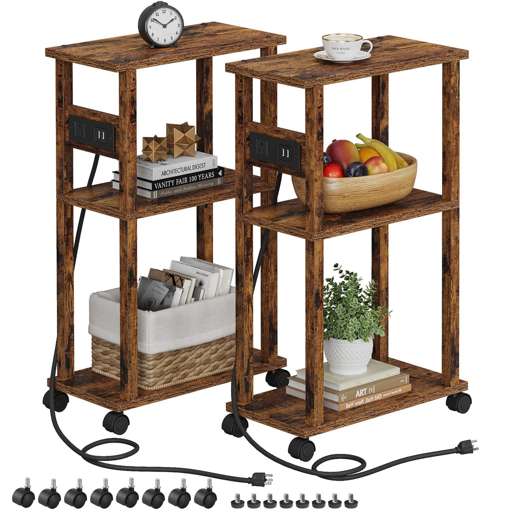 TUTOTAK Small Narrow Side Table with Charging Station, Skinny End Table for Small Spaces, Slim Nightstand with USB Ports and Outlet, Sofa Beside Table with Wheels, Brown TB01BB046